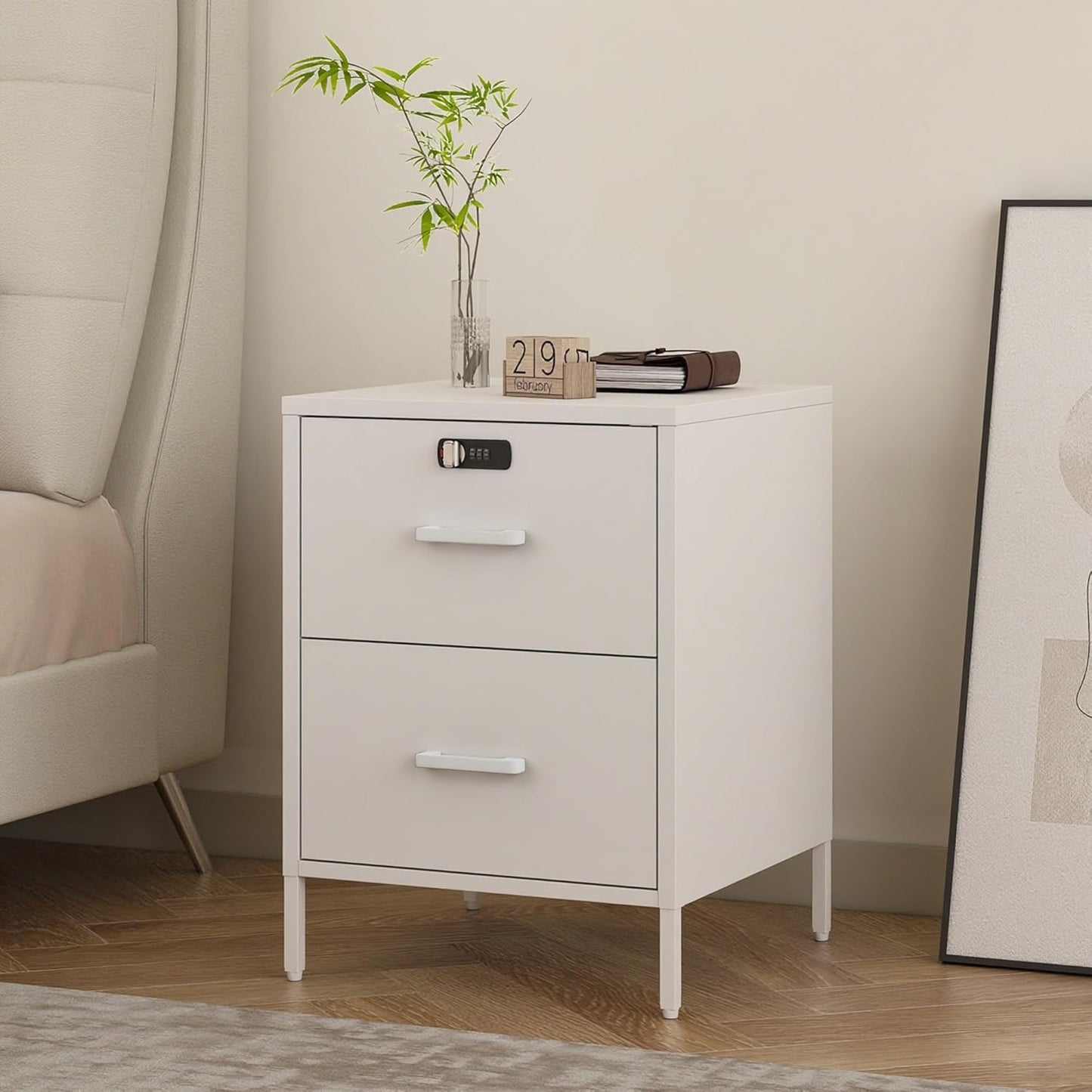 Nightstand,2 Drawer Metal Locker End Table Lockable Bedside Table Storage Cabinet for Bedroom, Dorm, 21.26”H X 15.75”W X 15.75”D (2 Drawer, White)