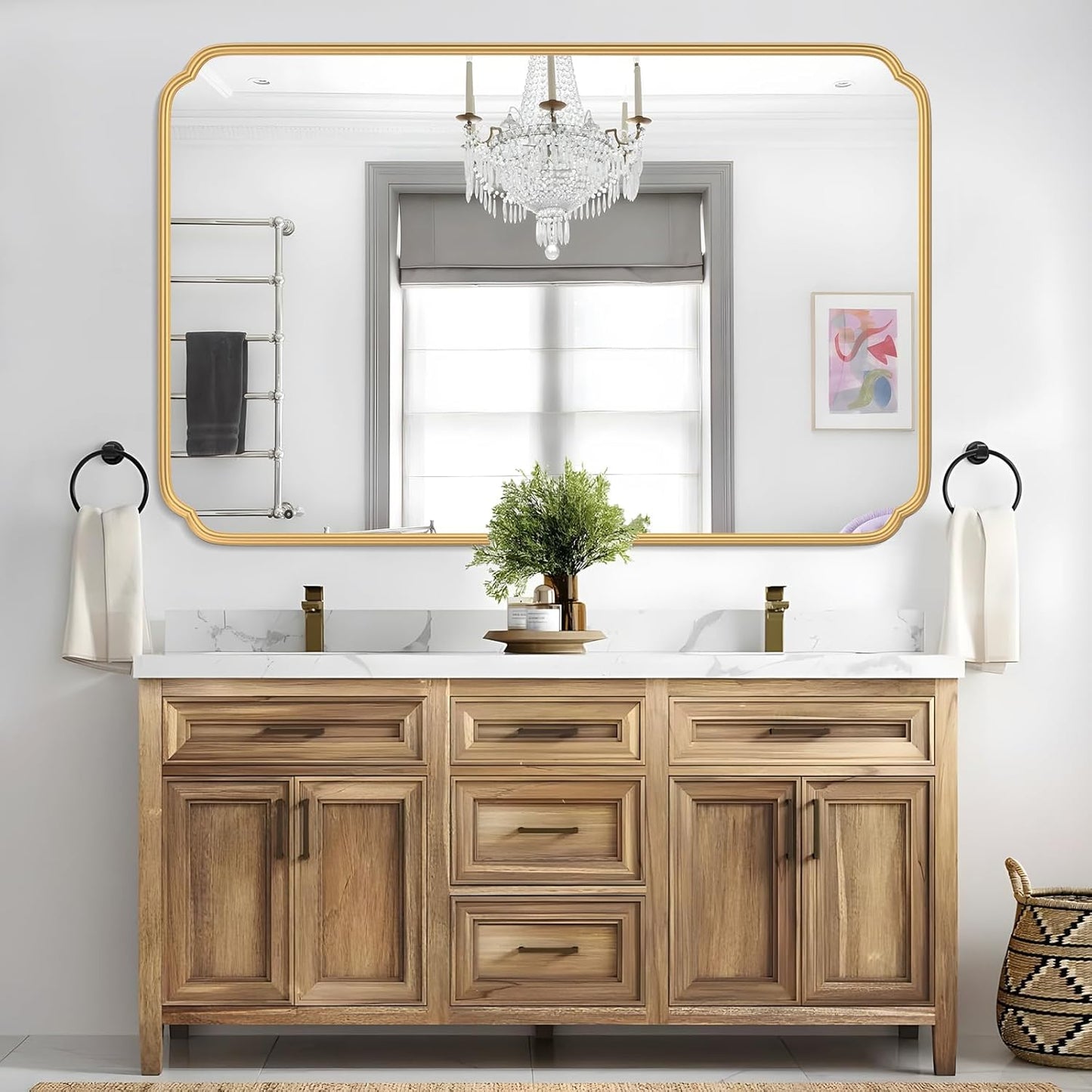55X36 Inch Gold Metal Framed Bathroom Mirror for Wall, Large Rounded Rectangle Bathroom Vanity Mirror Farmhouse, Anti-Rust, Tempered Glass, Hangs Horizontally or Vertically