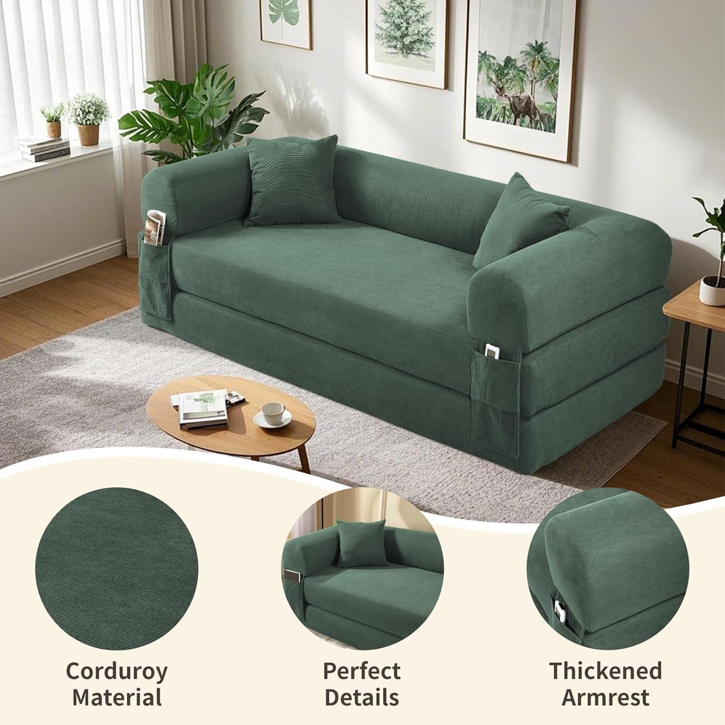 80" Convertible Sofa Bed, 3-in-1 Corduroy Folding Pull Out Couch with Pillows, No Assembly Modern Boneless Couch Compression Sofa in Box, Floor Sofa with Side Storage for Living Room,Light Green