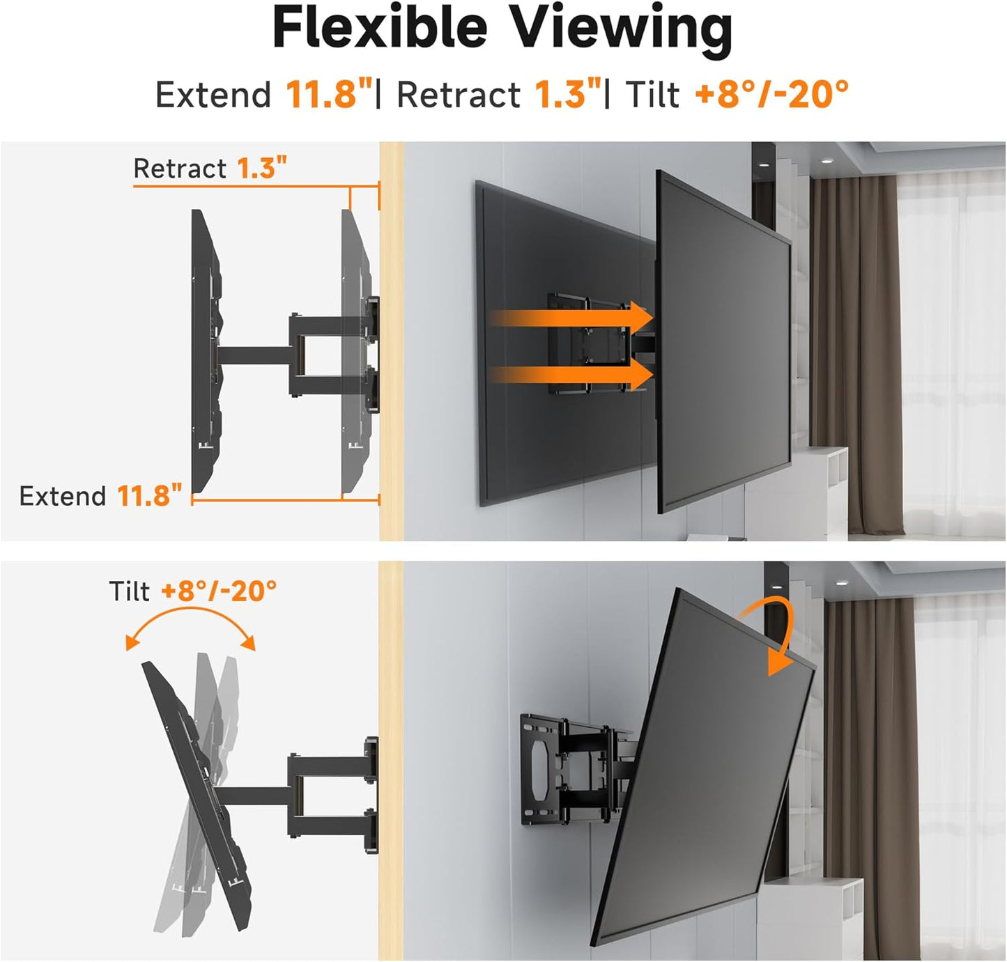 Ultra Slim Full Motion TV Wall Mount for Most 37"-90" Flat/Curved TV, Swivel Tilt Bracket with Articulating 6 Arms, Support 120lbs, Max VESA 600x400mm, Fits 12”/16" Wood Stud, MAUS02