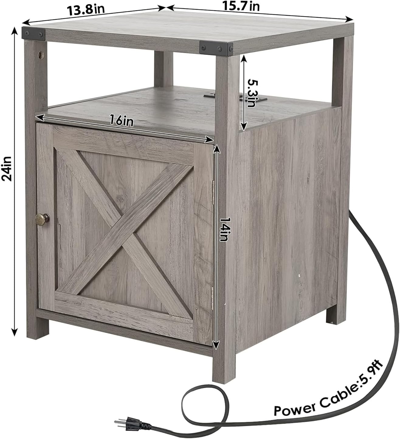 Farmhouse Nightstand with Charging Station, Rustic End Table Bedroom with Storage Living Room Side Table Grey Night Stand Industrial Bedside Bed Table with USB Ports and Outlets