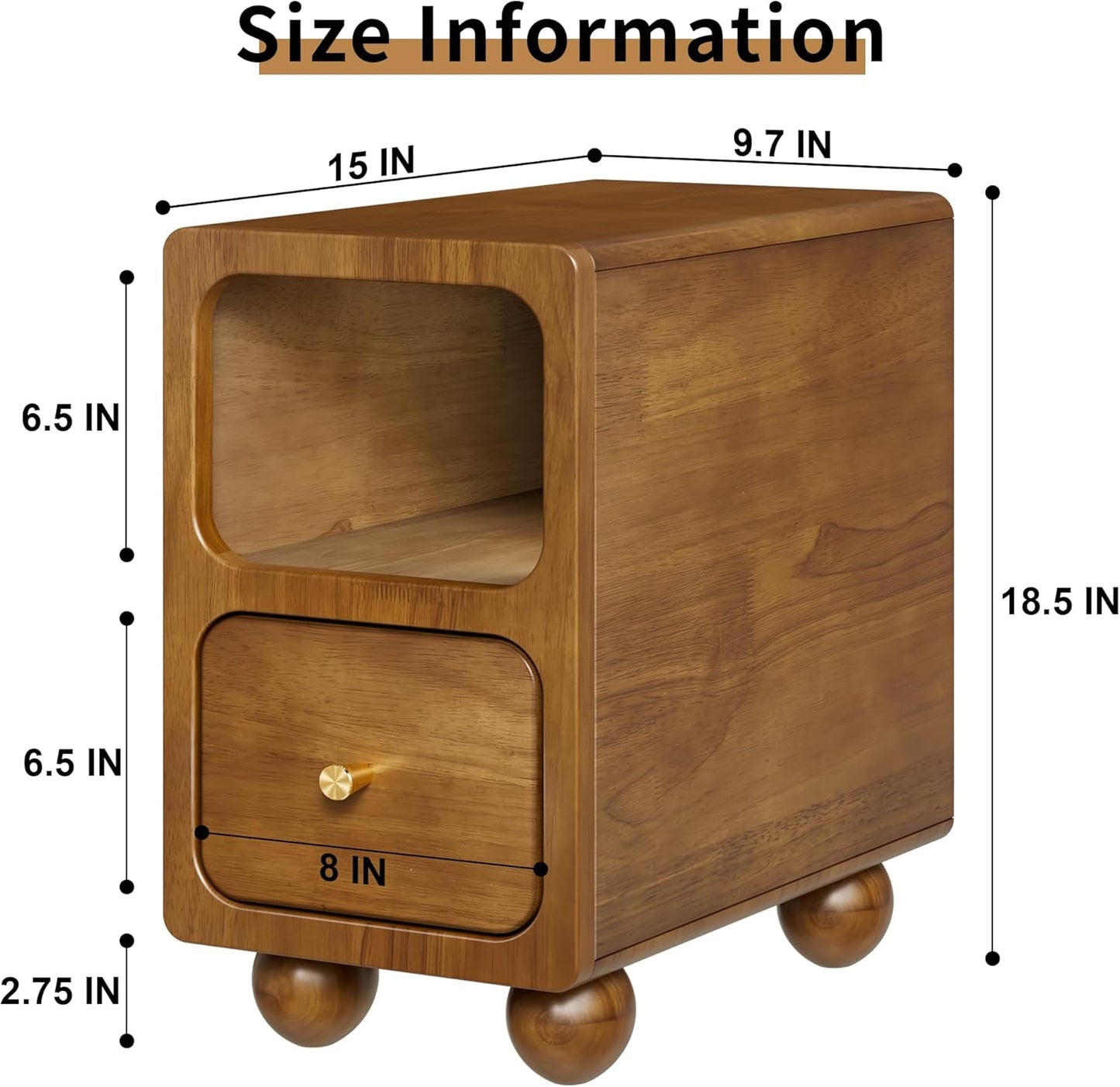 Small Narrow Nightstand with Drawers, Solid Wood Nightstand, Walnut Night Stand, Mid Century Side Table, Modern Bedside Tables for Bedroom (10 inch)