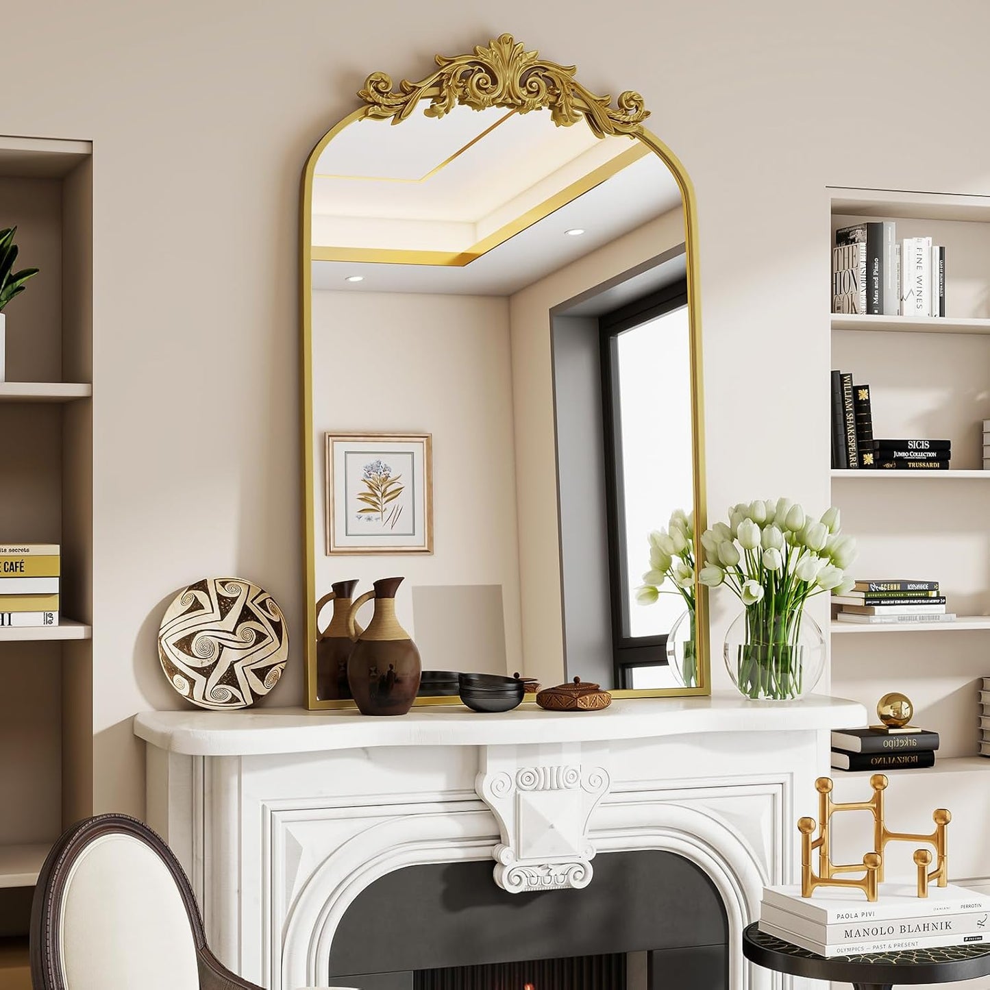 Vintage Arched Wall Mirror, 26x38 inch Retro Arch Bathroom Mirror, Carve Pattern Top Wall Mounted Vanity Mirror with Metal Frame, Bathroom Mirror Hanging or Leaning, Gold