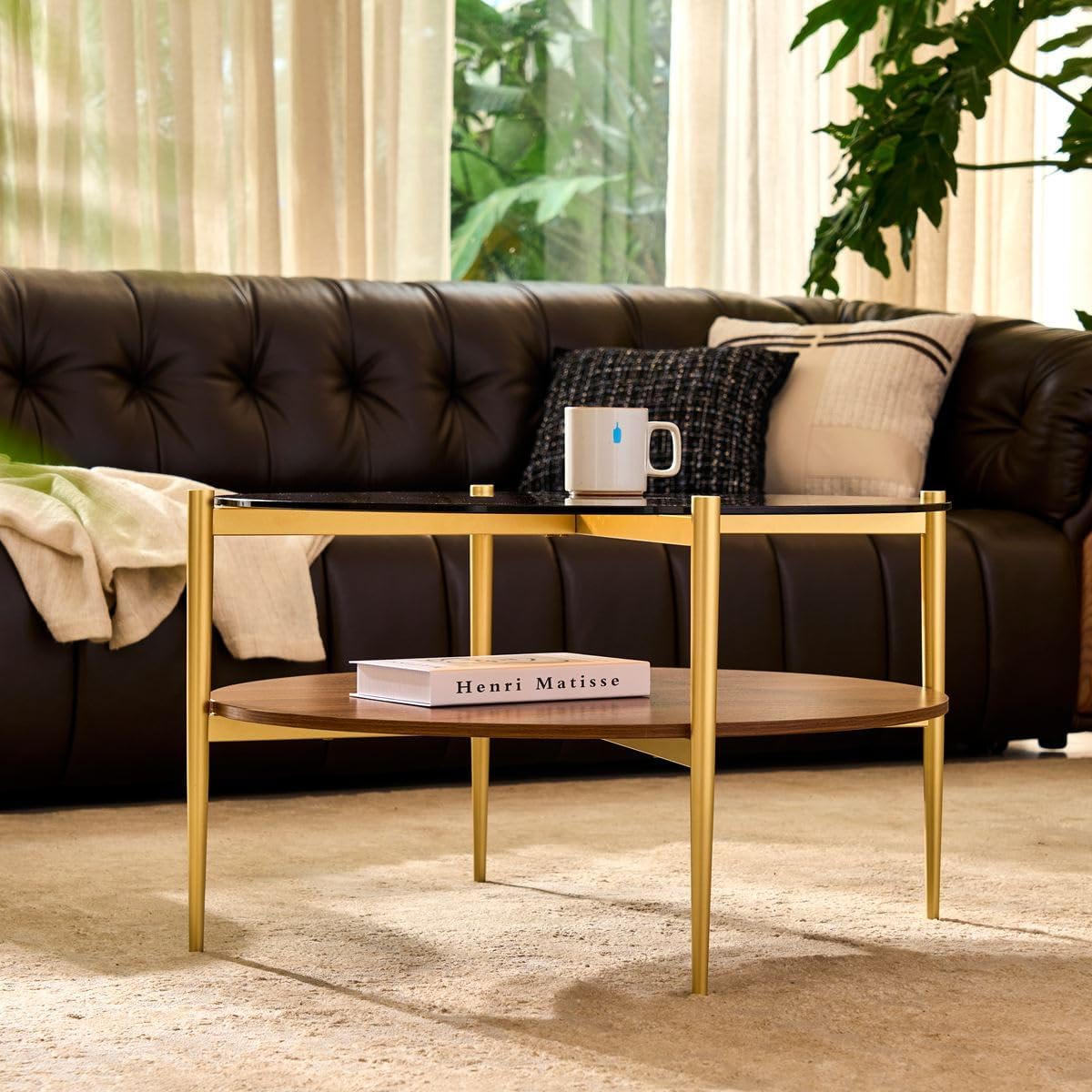 AGV LIGHTING Round Glass Coffee Table, Mid-Century Modern Coffee Table for Living Room, Glod Coffee Table, Amber Glass Top & Walnut Wood Shelf