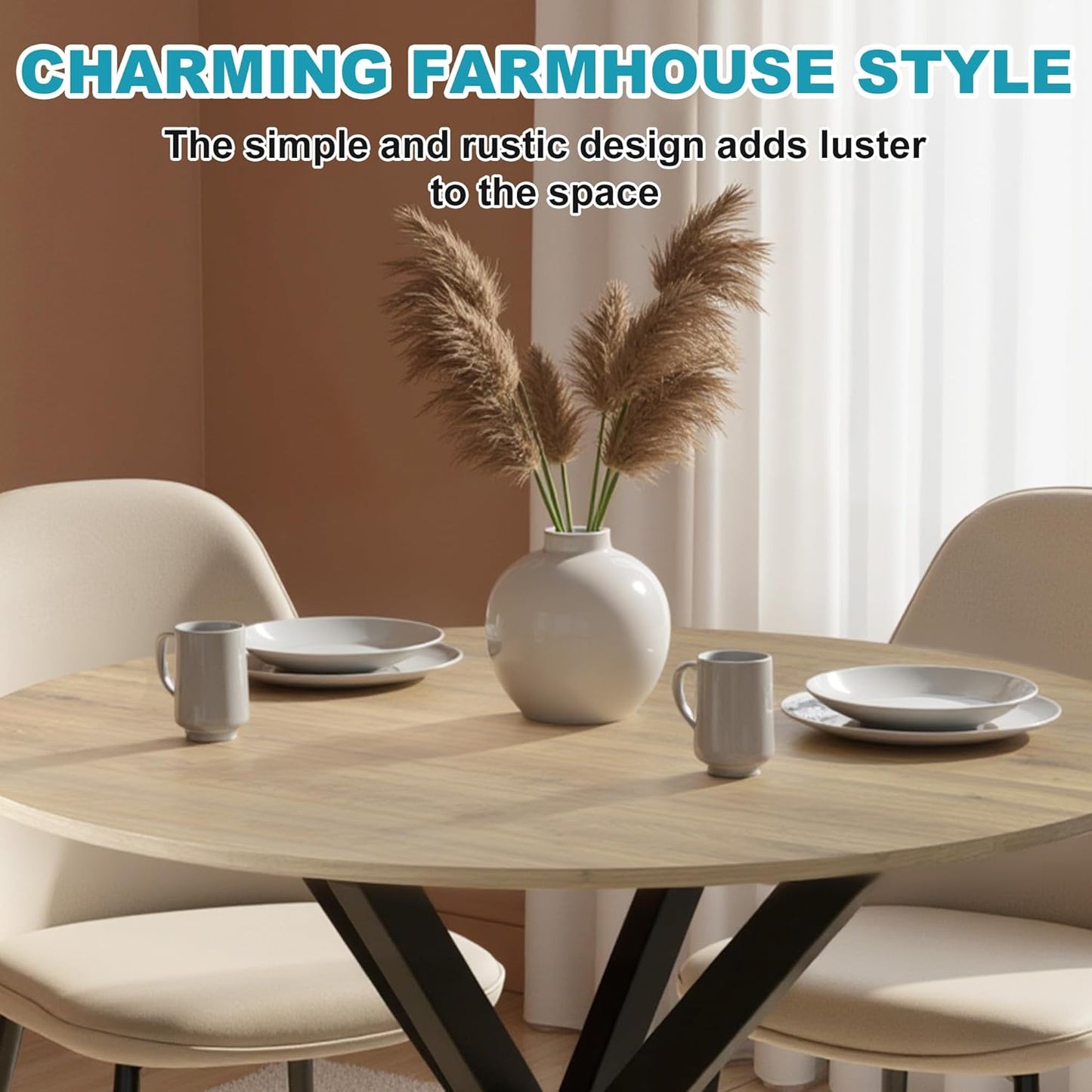 31.5" Round Dining Table for 4, Modern Small Dinner Table Farmhouse Round Kitchen Tables with Metal Legs for Dining Room, Kitchen, Living Room, Rustic Brown & Black