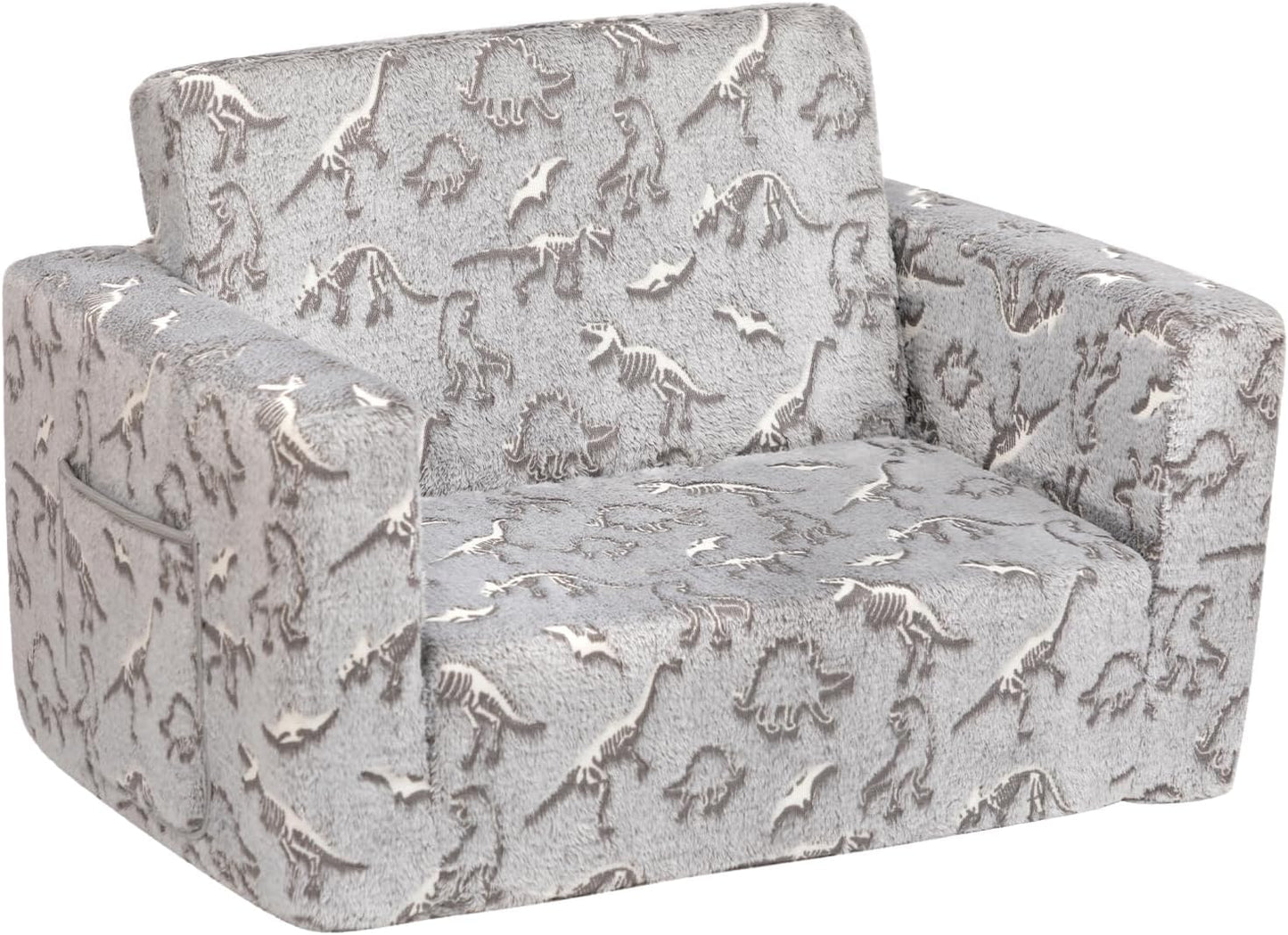 ALIMORDEN 2-in-1 Flip Out Cuddly Sherpa Toddler Couch, Convertible Sofa to Lounger, Glow in The Dark,Dinosaurs