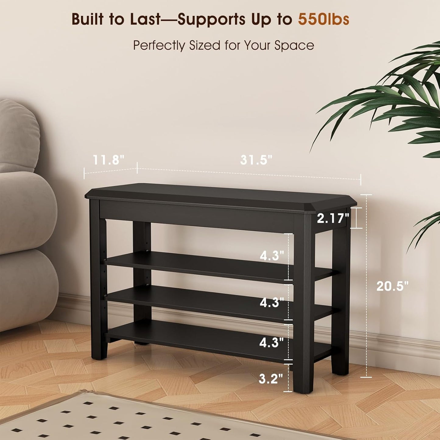 Shoe Rack Bench Seat Rubberwood 3-Tier Wooden Storage Bench 550lbs Compact Mid-Century Modern Design for Entryway, Hallway, Closet, Front Door Entrance, Foyer