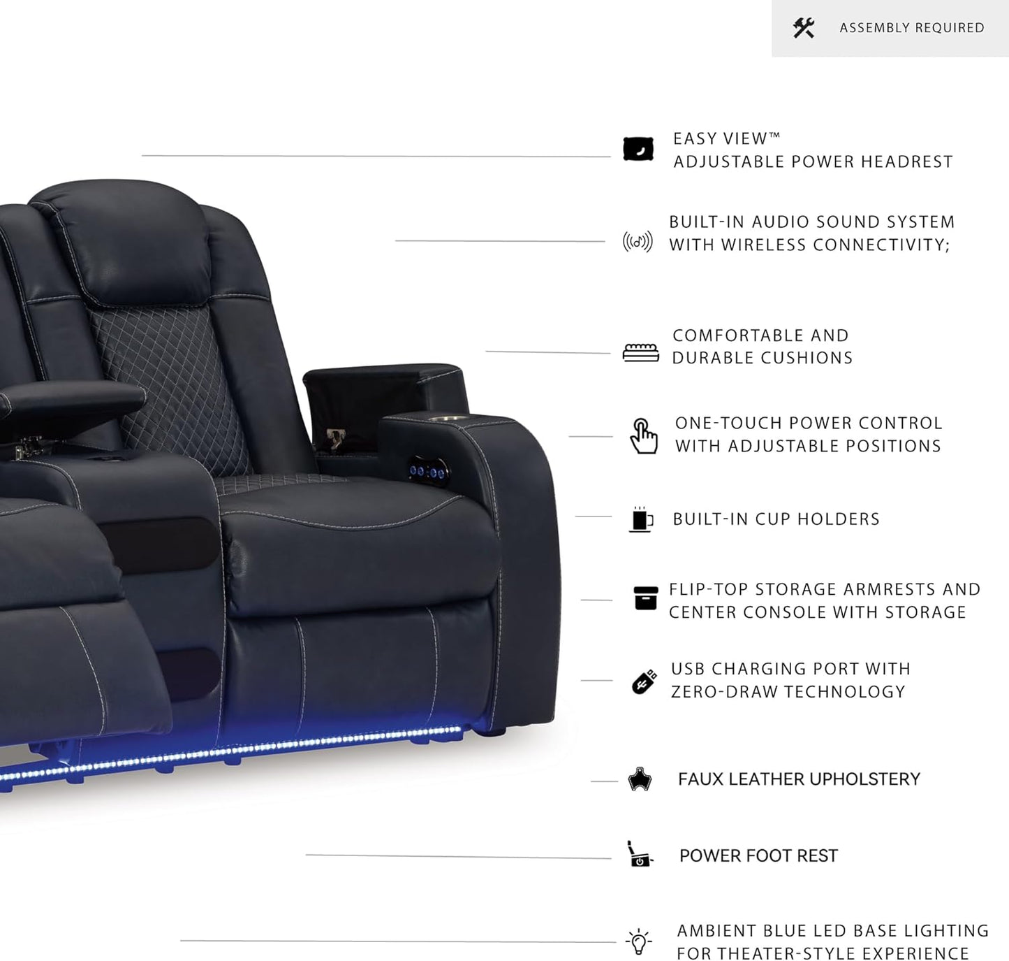 Signature Design by Ashley Fyne-Dyme Contemporary Power Reclining Loveseat with Console, USB Charging Ports and Adjustable Headrest, Blue