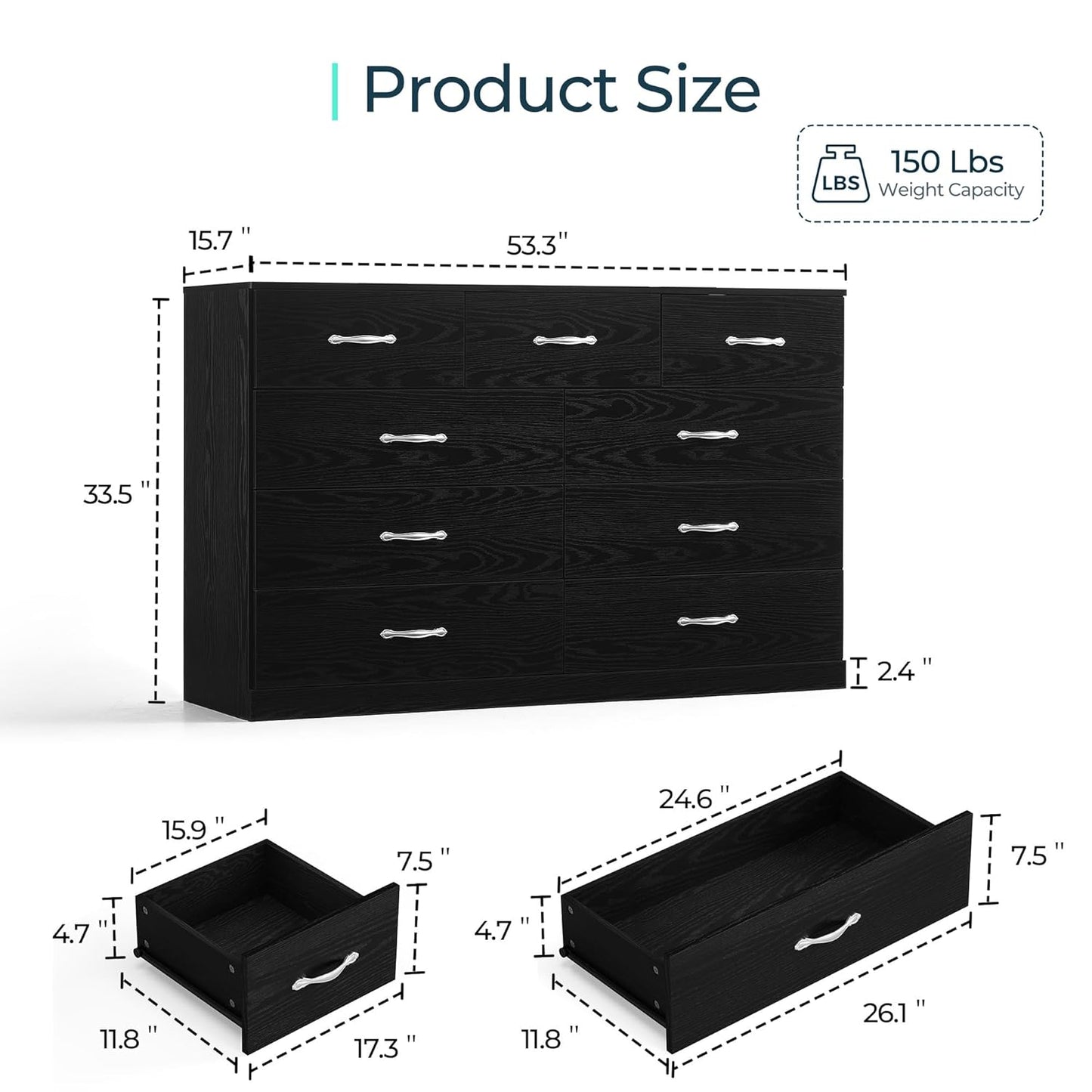 LINSY HOME 9 Drawer Dresser for Bedroom, 54" Wide Chest of Drawers, Modern TV Stand Dressers with Wood Frame and Metal Handles, Large Drawer Organizer for Bedroom, Living Room, Black