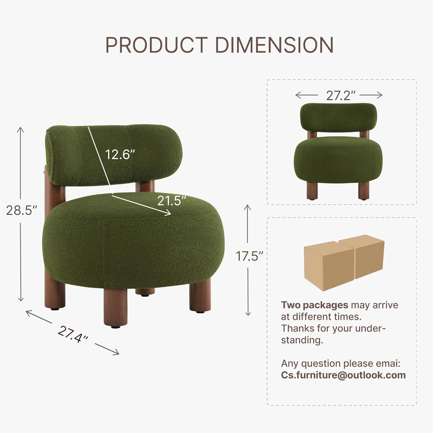 Modern Boucle Accent Chair Set of 2, with Plush Faux Sherpa Upholstery, Curved Backrest, Solid Wood Legs for Living Room Bedroom Reading Nook, 27.5", Green