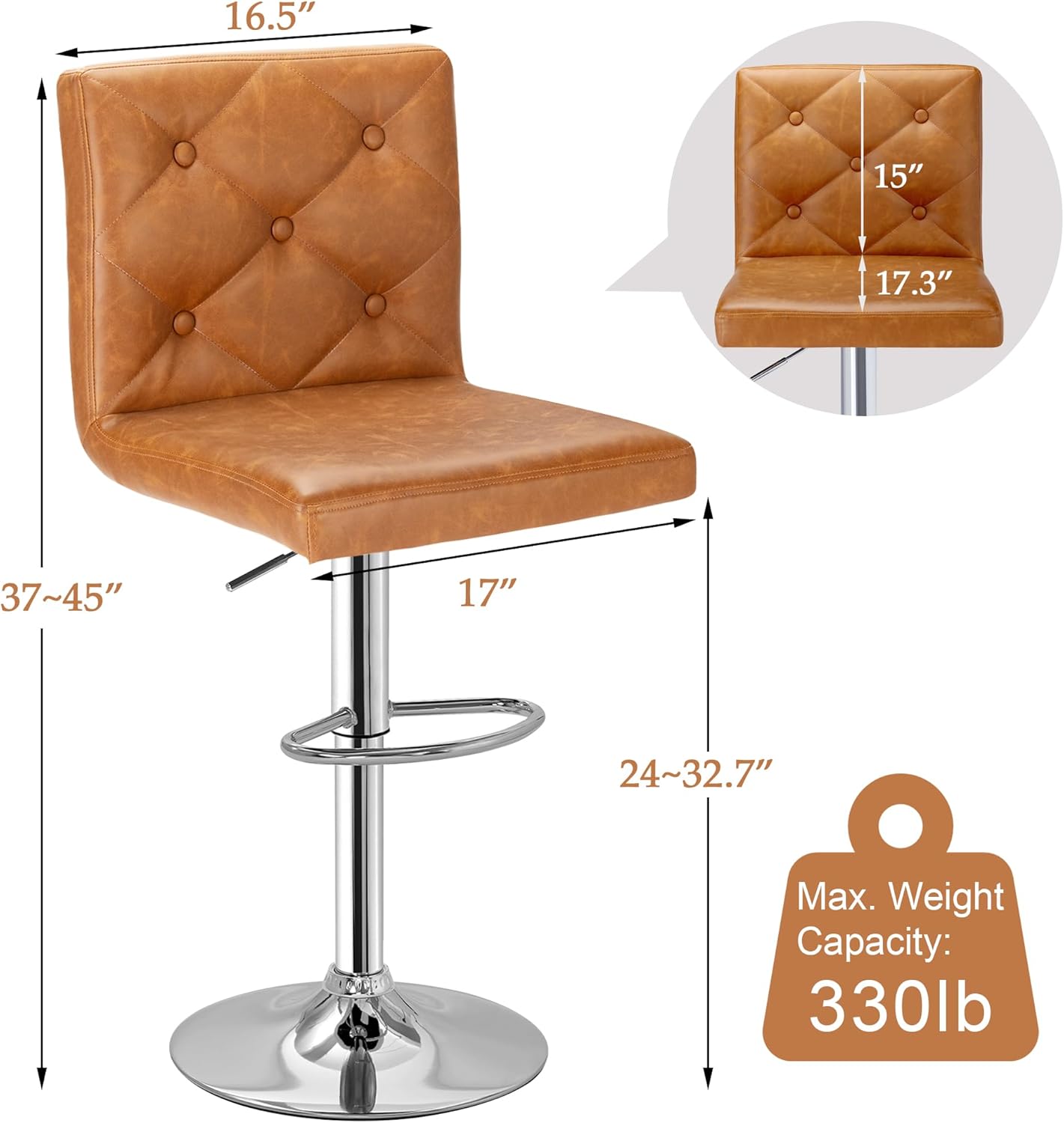 VECELO Adjustable Bar Stools Set of 2, Bar Height Stools for Kitchen Counter,Brown