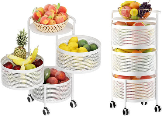 JAQ Vegetables Storage Basket, Rotating Storage Shelves Basket Carts Rack Organizer Bin on Rolling Wheels in Kitchen Household for Fruits Grocery Corns Potatos-(3-Tier,White)