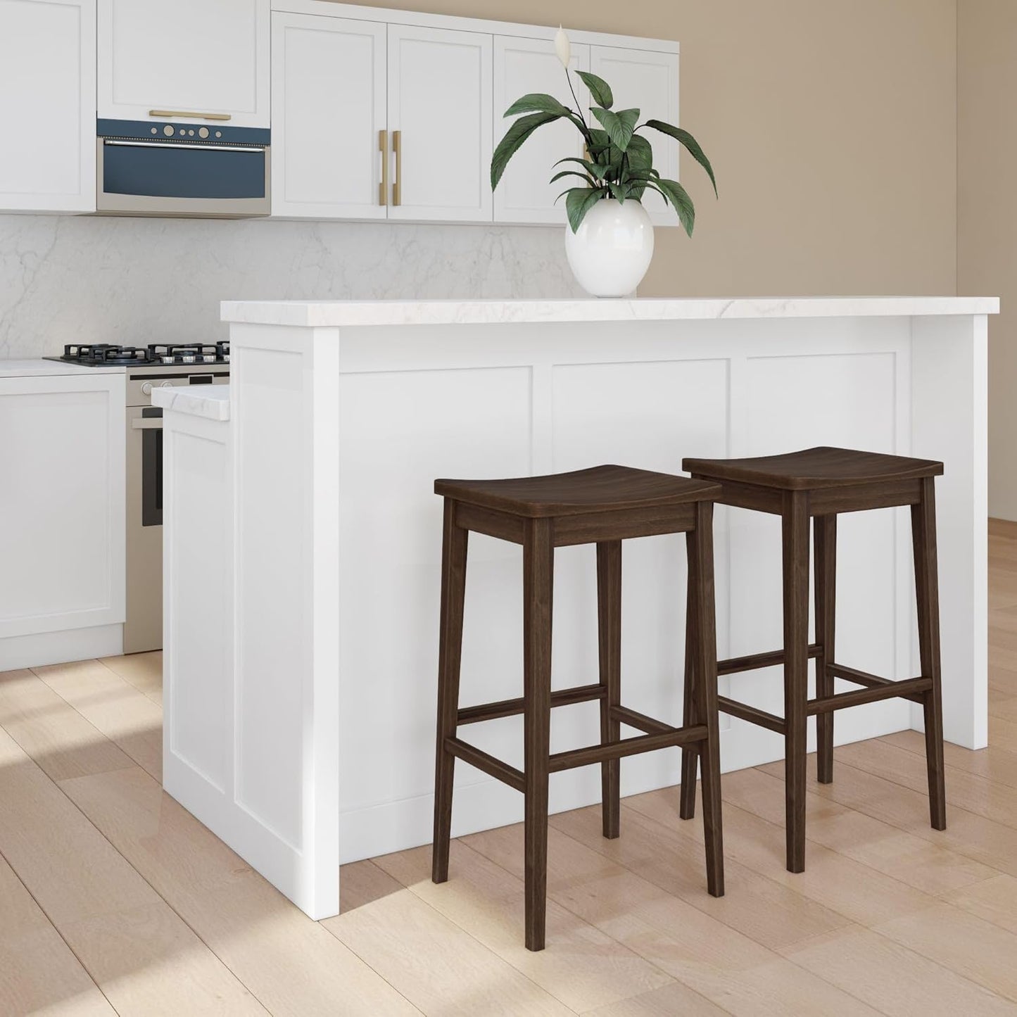 Plank+Beam Smythe Bar Stool, 30", Set of 2, Sturdy Wood Modern Kitchen Counter Height Stool, Saddle Seat Backless Counter Chair, Metal Footrest, Walnut