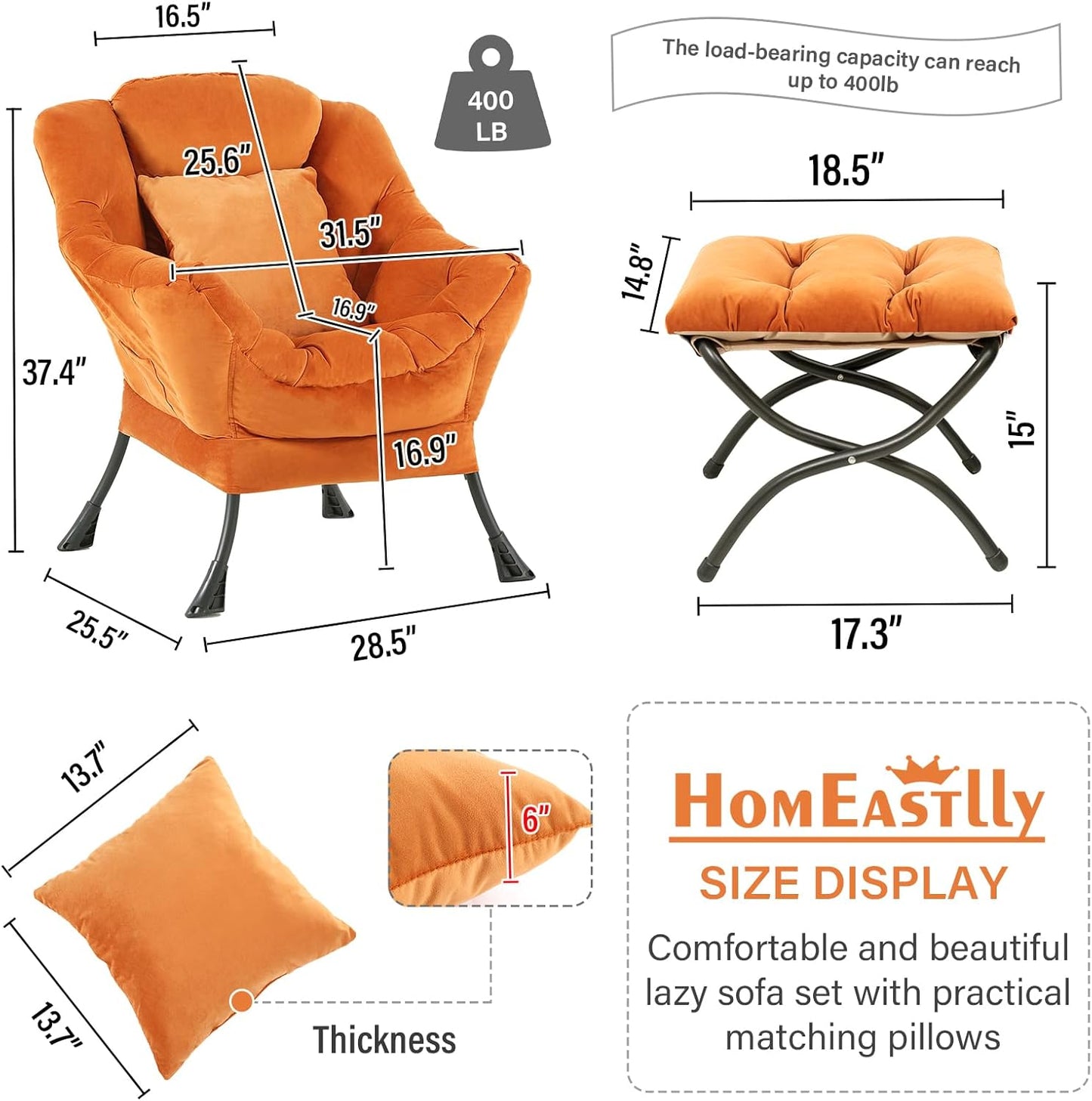 Large Lazy Chair with Ottoman, Accent Reading Chair with a Throw Pillow, Cozy Lounge Chair with Armrest, Leisure Sofa Chair for Living Room, Bedroom, Dorm Room, Velvet Tangerine