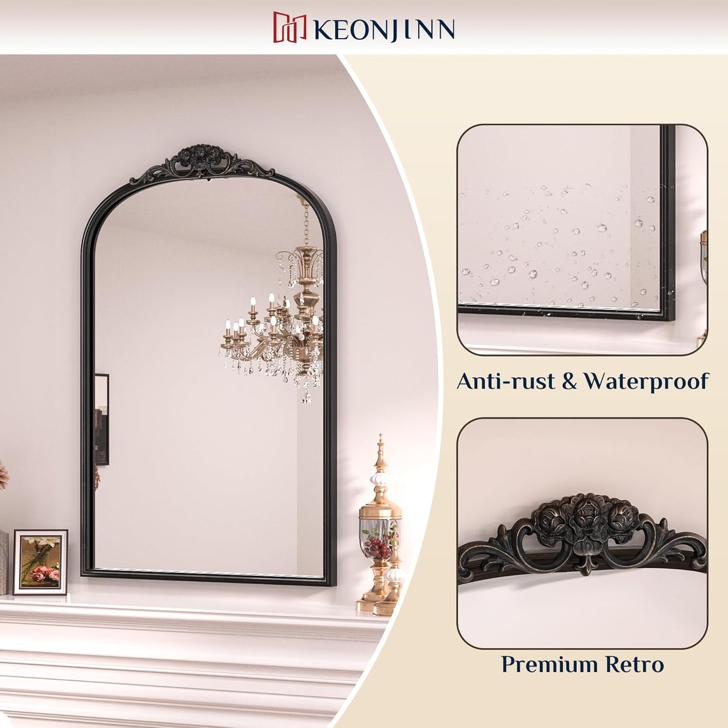 Keonjinn Antique Arch Mirror 20" x 30", Black Ornate Vintage Mirror, Baroque Decorative Mirrors for Mantle, Bathroom, Living Room, Hallway, Fireplace, Flench Cleat Mounting