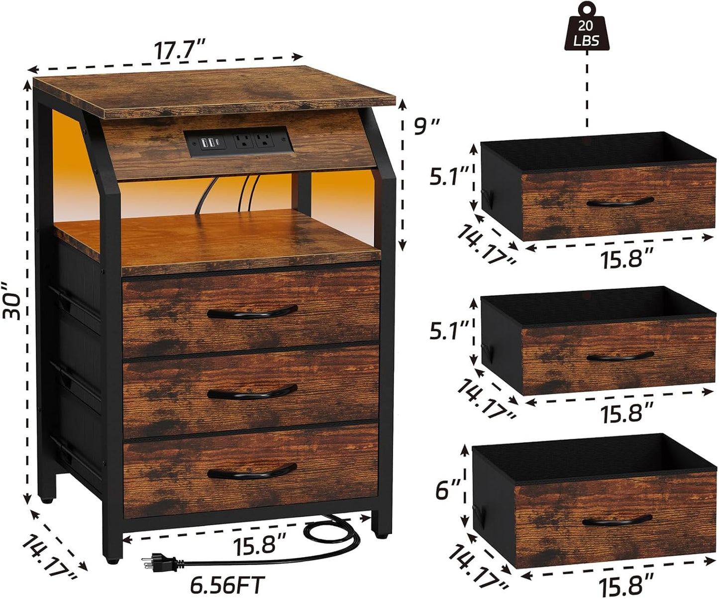 End Tables Set of 2, Nightstands with Charging Station and LED Lights, 3 Drawers Fabric Dresser, Storage Side Tables for Bedside, Living Room, Rustic Brown