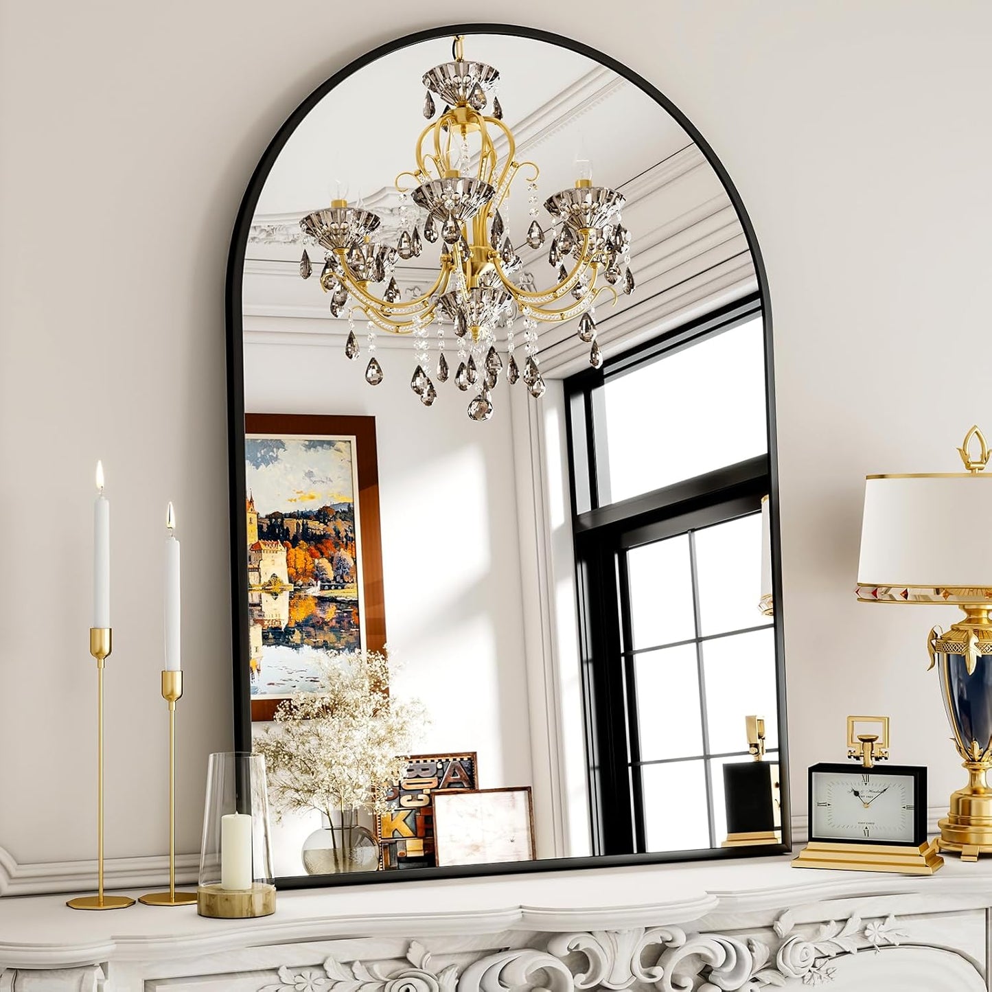 30x38 Inch Arched Bathroom Mirror - Black Metal Frame Wall Mounted Vanity Mirror for Bathroom, Bedroom, Living Room, Hanging or Leaning Decorative Mirror