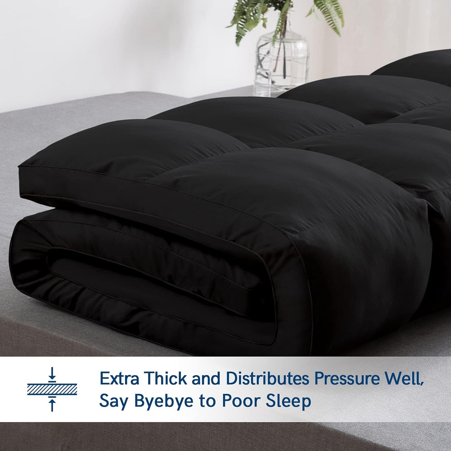 ELEMUSE Queen Black Mattress Topper for Back Pain, Extra Thick Mattress Pad Cover, Plush Soft Pillowtop with Elastic Deep Pocket, Overfilled Down Alternative Filling