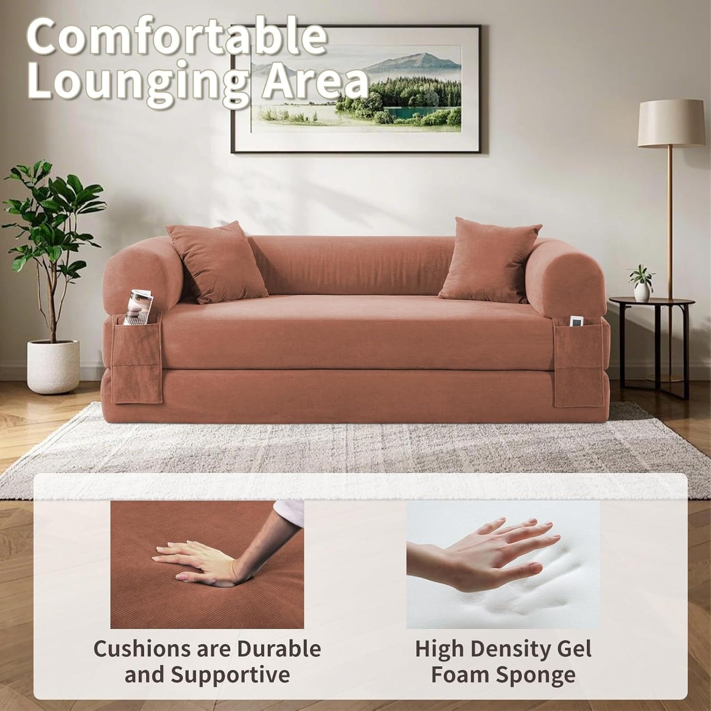 80" Convertible Sofa Bed, Corduroy Deep Seat Folding Pull Out Couch with Pillows, No Assembly Modern Boneless Couch Compression Sofa in Box, Floor Sofa with Storage Pocket for Living Room,Pink