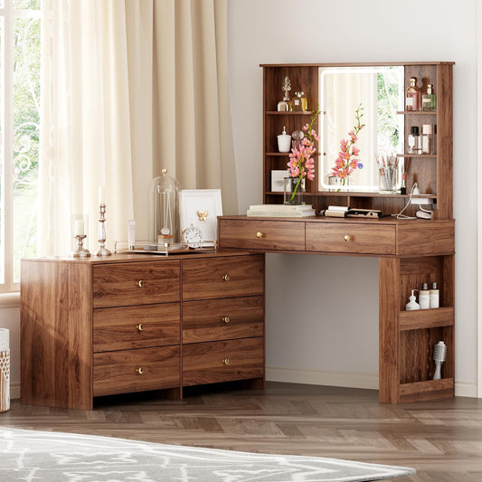 Large Makeup Vanity Desk with Mirror and Lights, Vanity Desk with 8 Drawers & Storage Shelves, Vanity Table with Power Outlet, 3 Color Modes & Adjustable Brightness Dressing Table, Bedroom,Walnut