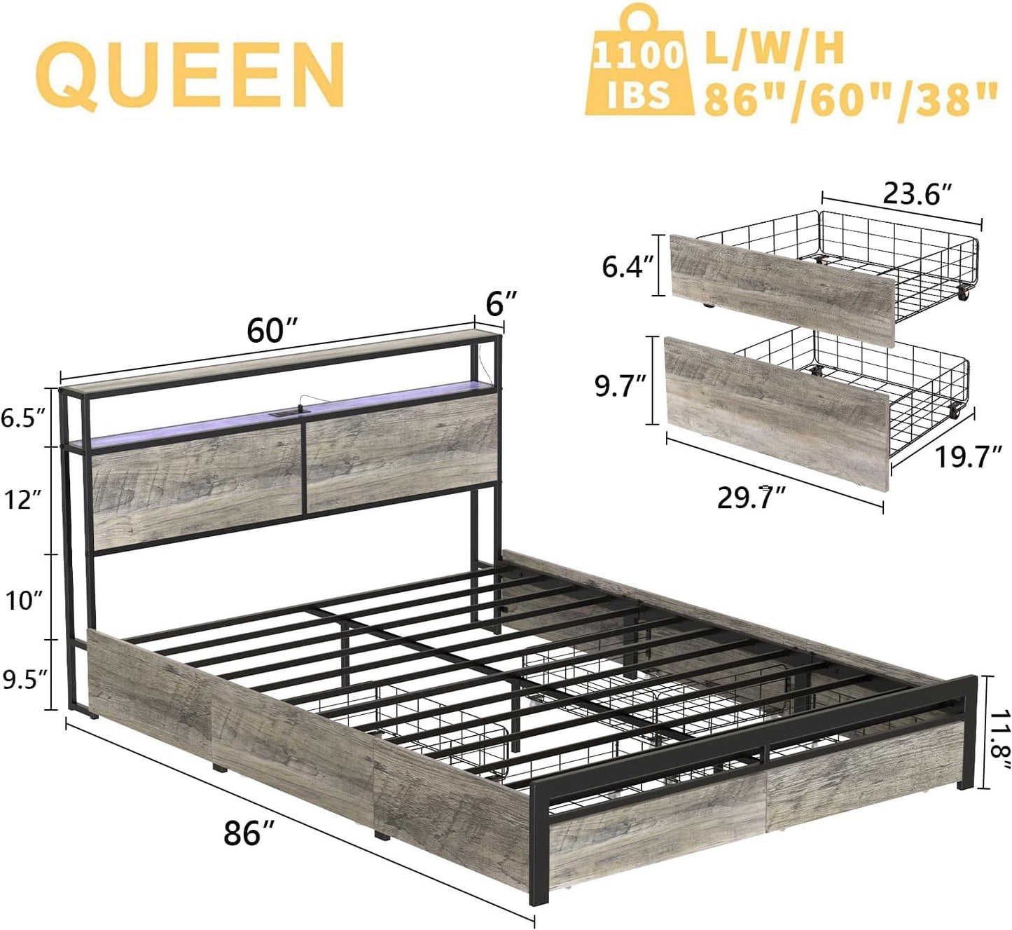 Queen Size Bed Frame with Storage Headboard and 4 Drawers LED Lighting Sturdy Metal Slat Support Non-Slip Noise-Free Platform No Box Spring Needed Greige