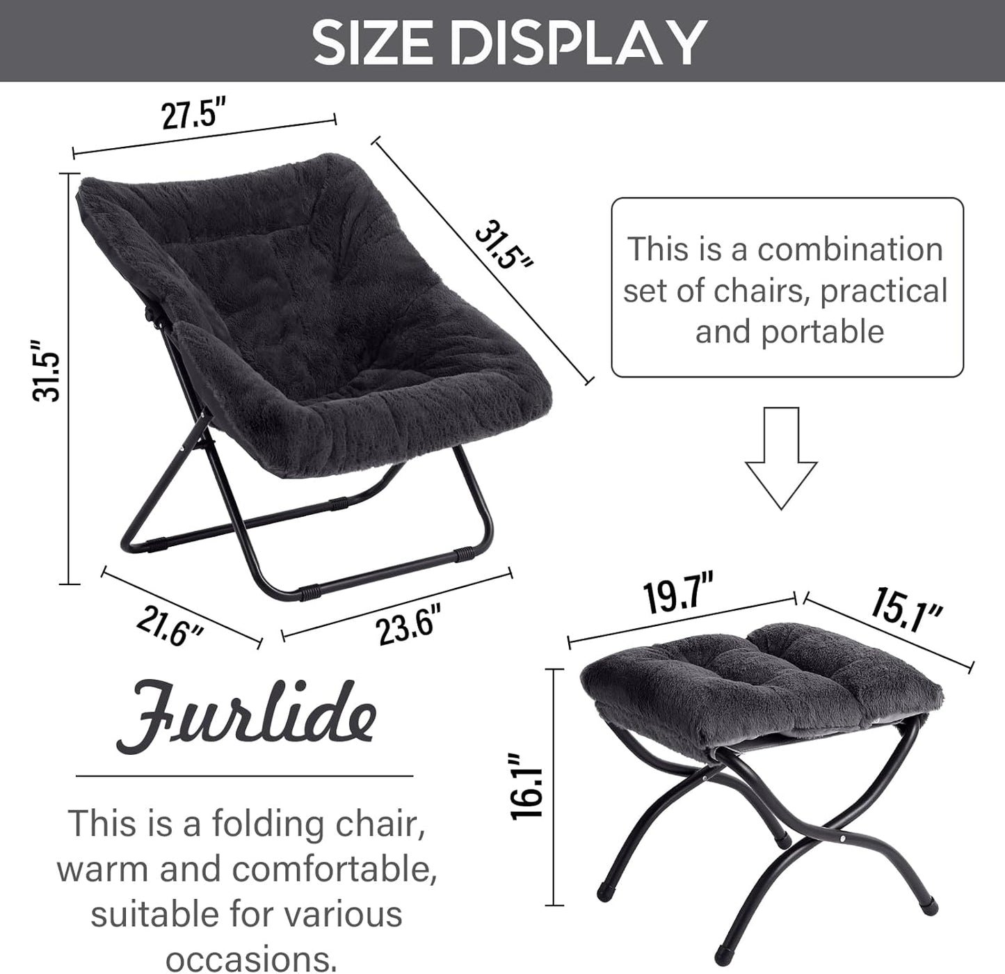 Oversized Folding Faux Fur Chair with Ottoman, X-Large Soft Saucer Chair, Foldable Metal Frame for Bedroom, Living Room, Balcony (Black)