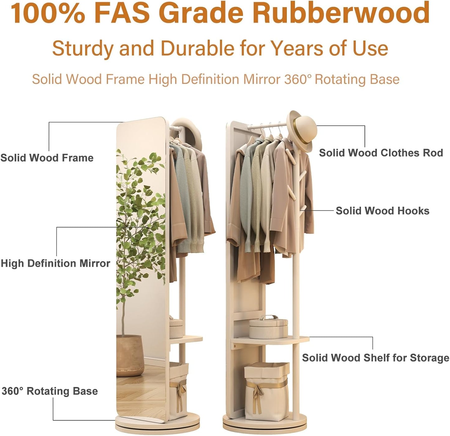 70"x16"Full Length Mirror with Stand,Coat Rack with Mirror,Solid Wood Floor Mirror,Swivel Mirrorfor Bedroom, Living Room, Cloakroom