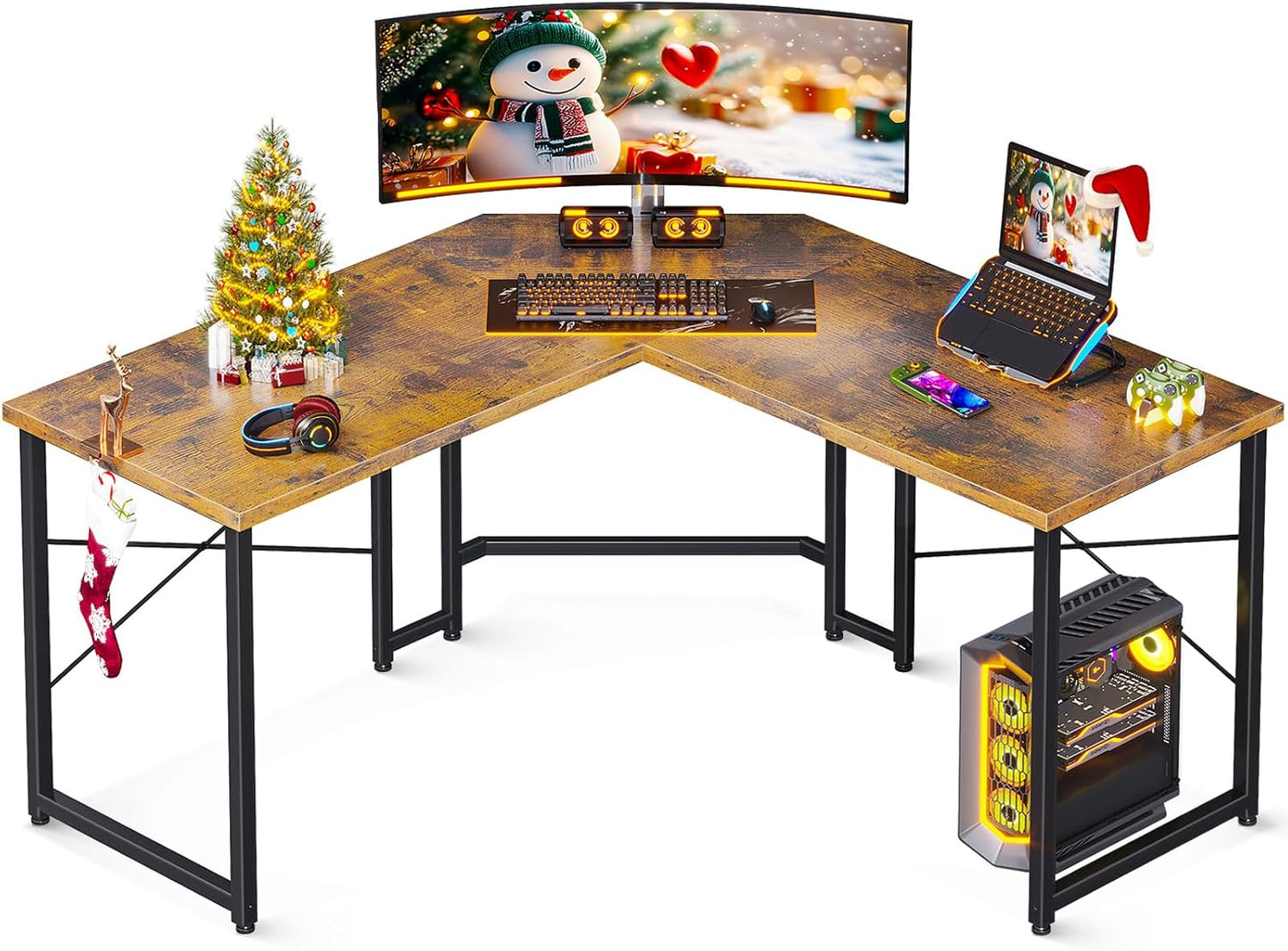 Casaottima L Shaped Gaming Desk, Corner Gaming Table for Home Office, Computer Desk Sturdy Writing Workstation for Small Space, Easy to Assemble, 51 inch, Rustic Brown