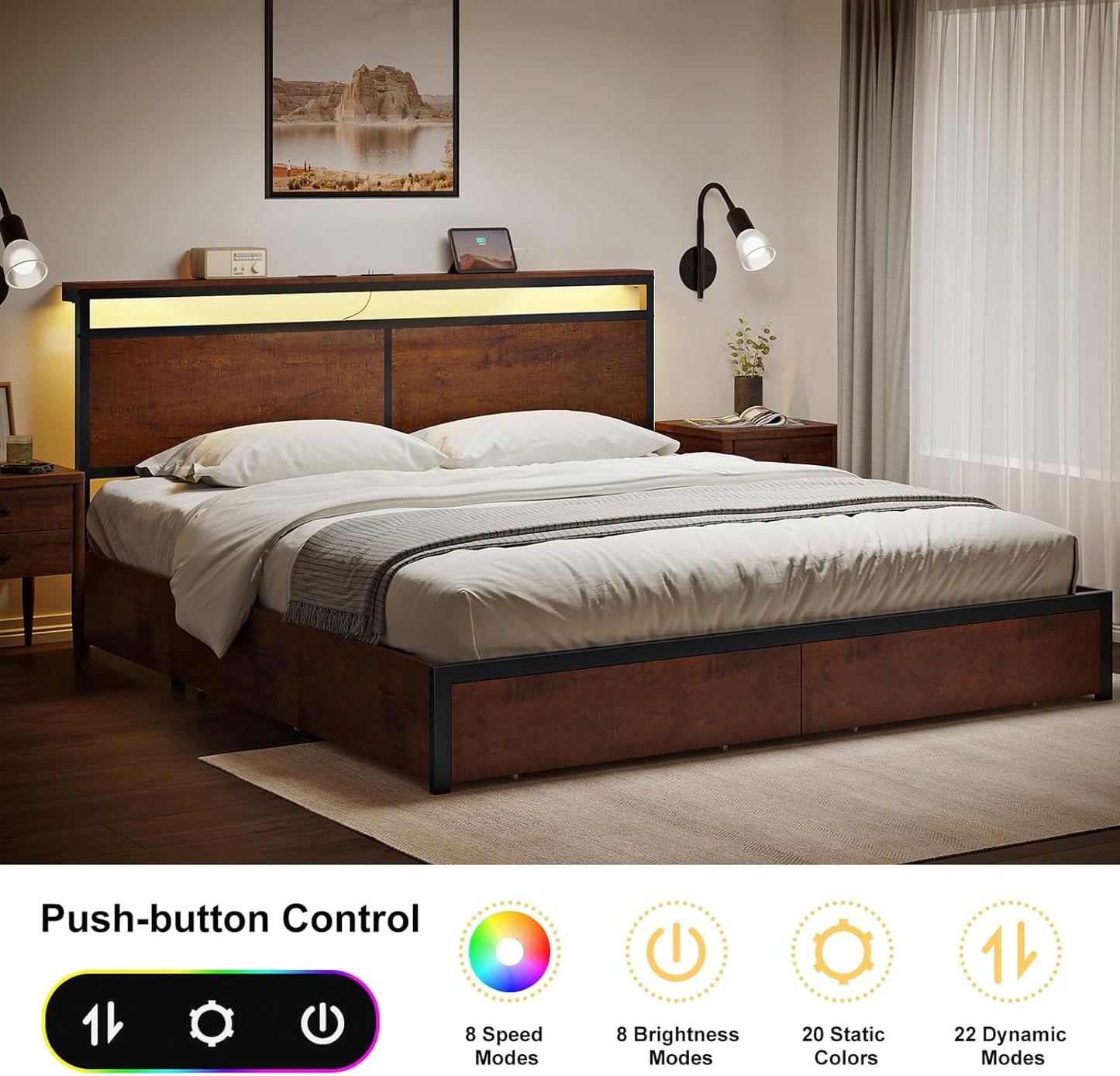 King Bed Frame with Storage Headboard and 4 Drawers Bed Frame King Size with Charging Station LED Lights Metal Platform Non-Slip Without Noise No Box Spring Needed