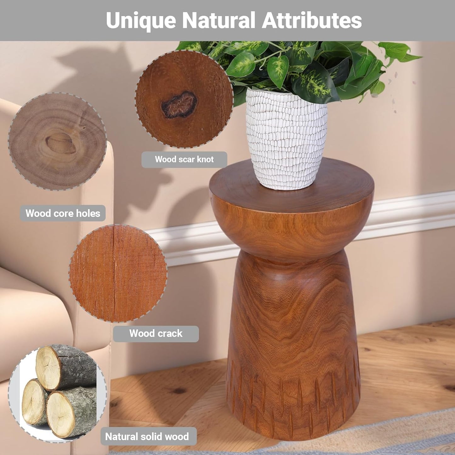 Athaliah 19.25”H Wood Side Table – Natural Wooden End Table, Round Wood Accent Table for Living Room, Patio, Garden, Balcony, or Home Decor