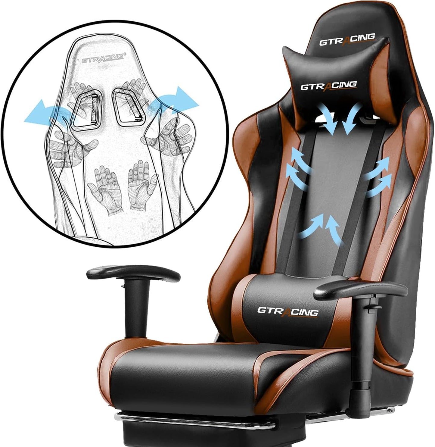GTRACING Gaming Chair with Footrest, Ergonomic Computer Game Desk Chair, Reclining Gaming Chair Seat Height Adjustment, Swivel Rocker with Headrest and Lumbar (Brown)