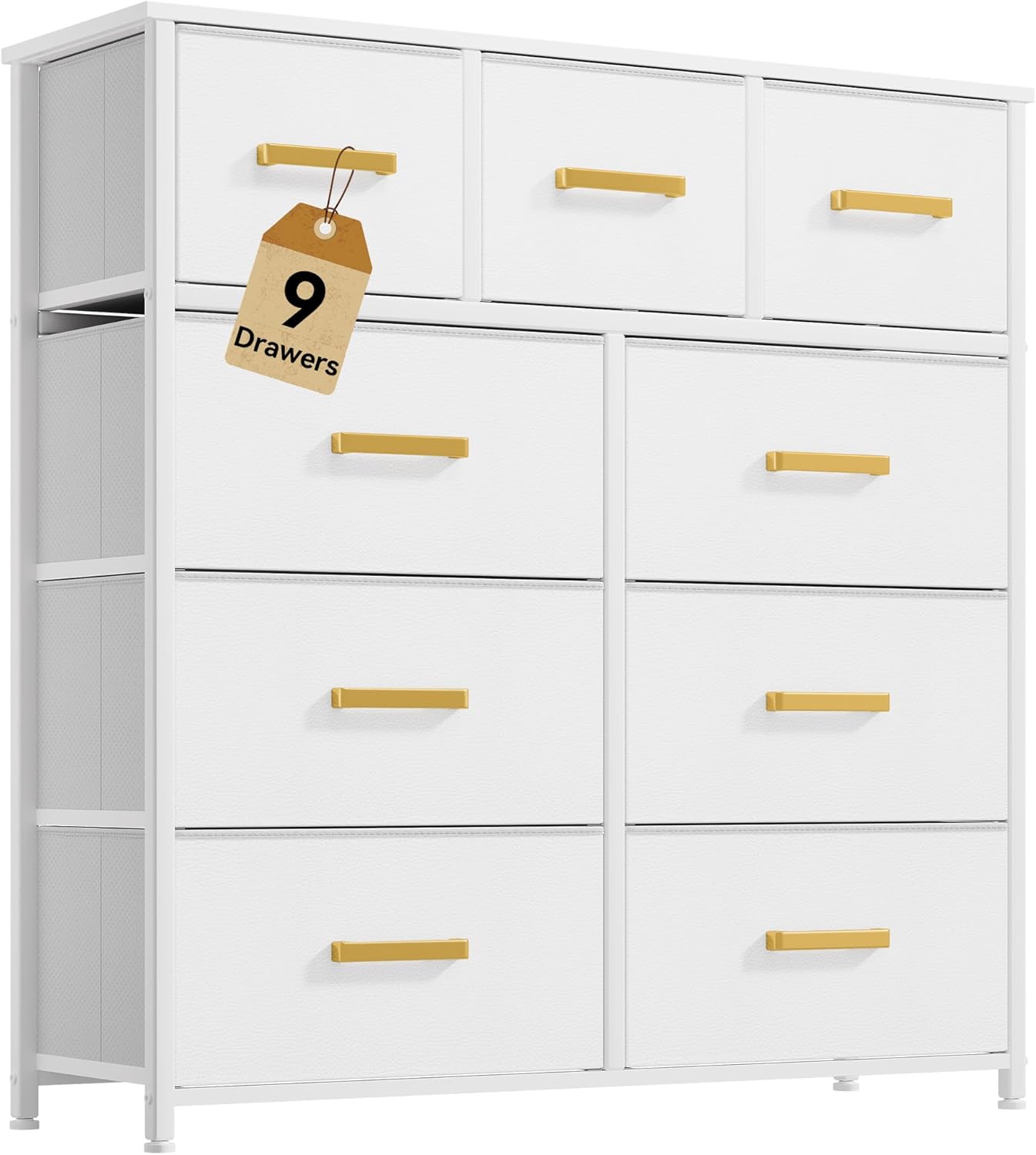 DWVO Dresser with 9 Drawers - Fabric Storage Tower, Organizer Unit for Living Room, Hallway - Sturdy Steel Frame, Wooden Top & Easy Pull Fabric Bins