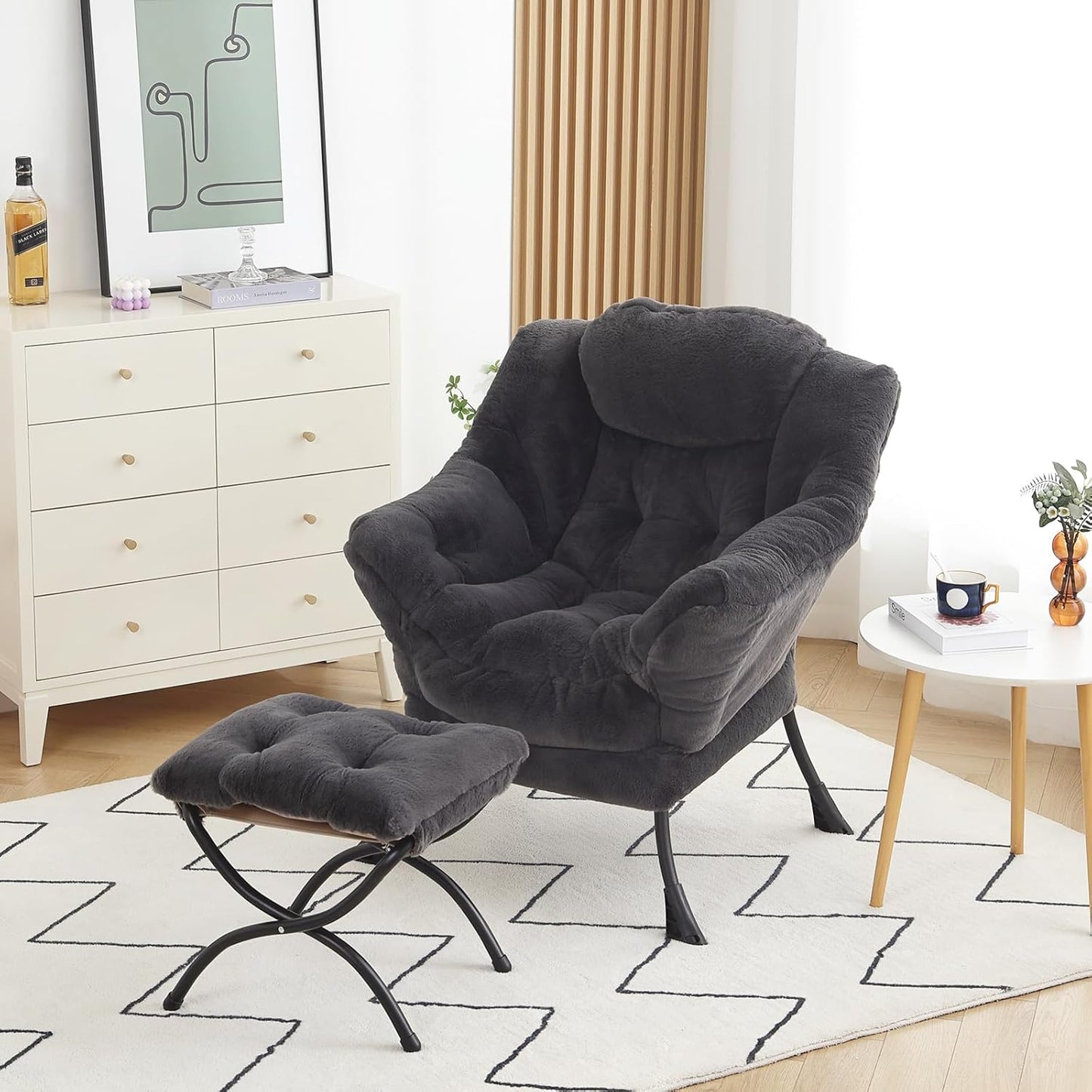 Lazy Chair with Ottoman, Modern Accent Chair Lounge Leisure Sofa Chair with Armrests, Reading Chair and Folding Footstool for Living Room, Bedroom, Office, Plush Navy