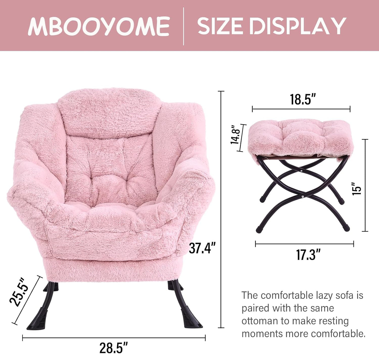 Lazy Chair with Folding Ottoman, Modern Accent Lounge Armchair with Armrests and a Side Pocket & Foldable Footstool, Leisure Reading Chair for Living Room, Bedroom, Dorm & Office, Plush Pink