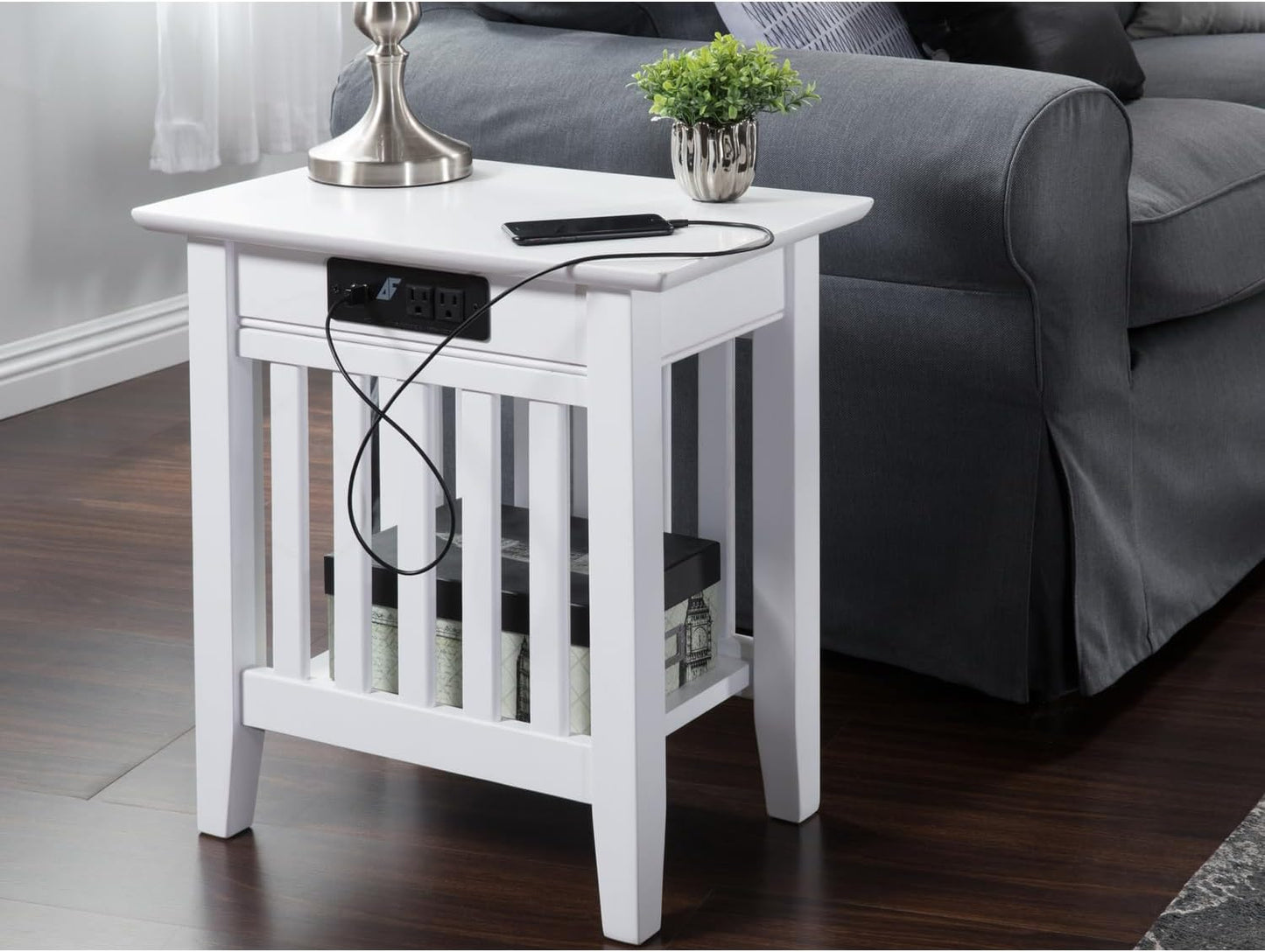 AFI, Mission Chair Side Table with Charging Station, White