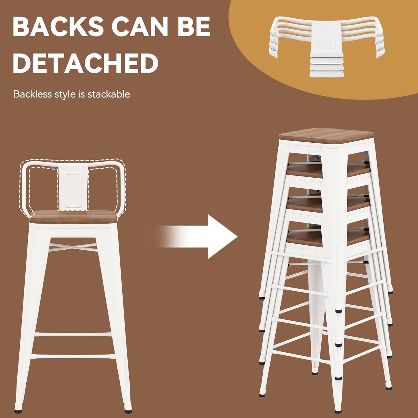 Yongchuang 24 inch Barstools Set of 2 Counter Height Bar Stools Farmhouse Kitchen Metal Bar Chairs with Wood Seat Low Back Cream White