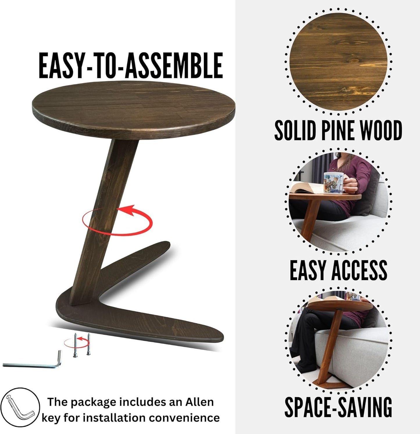 C-Shaped Handmade End Table, Side Table for Couches, Sofa Tables Slide Under Couch for Living Room, Over Couch TV Tray Table for Small Spaces (Large, Dark Walnut)