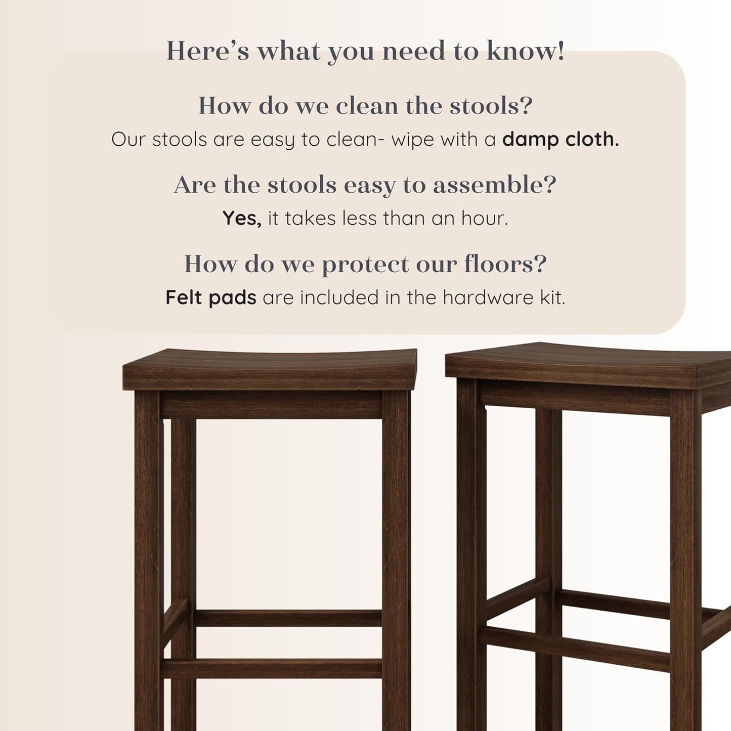 Grain & Grove Smith Collection Set of 2 Solid Wood Bar Stools, 30 inch Saddle-Seat Bar Chairs, Backless, Heavy-Duty Construction, Footrest Support, for Kitchen Islands, Home Bars, and Counters, Walnut