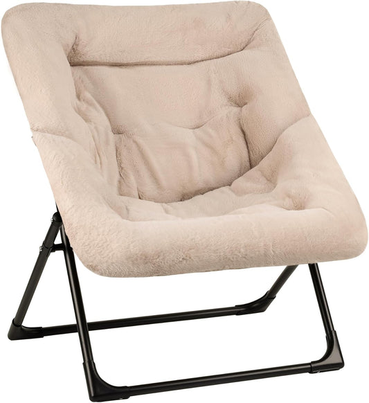 Comfy Saucer Chair for Adults, Soft Faux Fur Bedroom Chair, Accent Dorm Chairs, Flexible Living Room Reading Chairs, Oversized Folding Lounge Seat for Teens, X-Large, Light Khaki