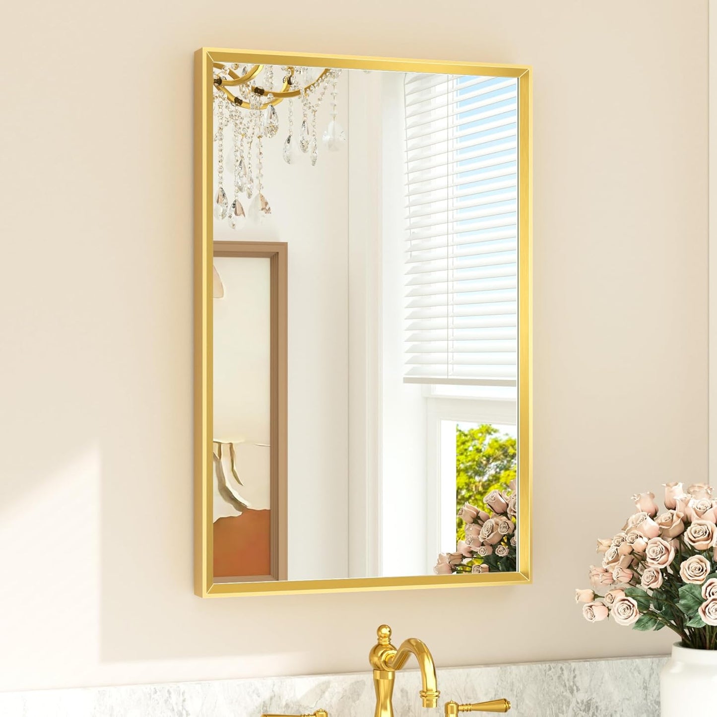 TETOTE Brushed Gold Bathroom Mirror 20" x 30" Brushed Gold Brass Rectangle Beveled Framed Bathroom Vanity Mirror for Over Sink, Tempered Glass, Modern Farmhouse Bedroom, Entryway, Living Room