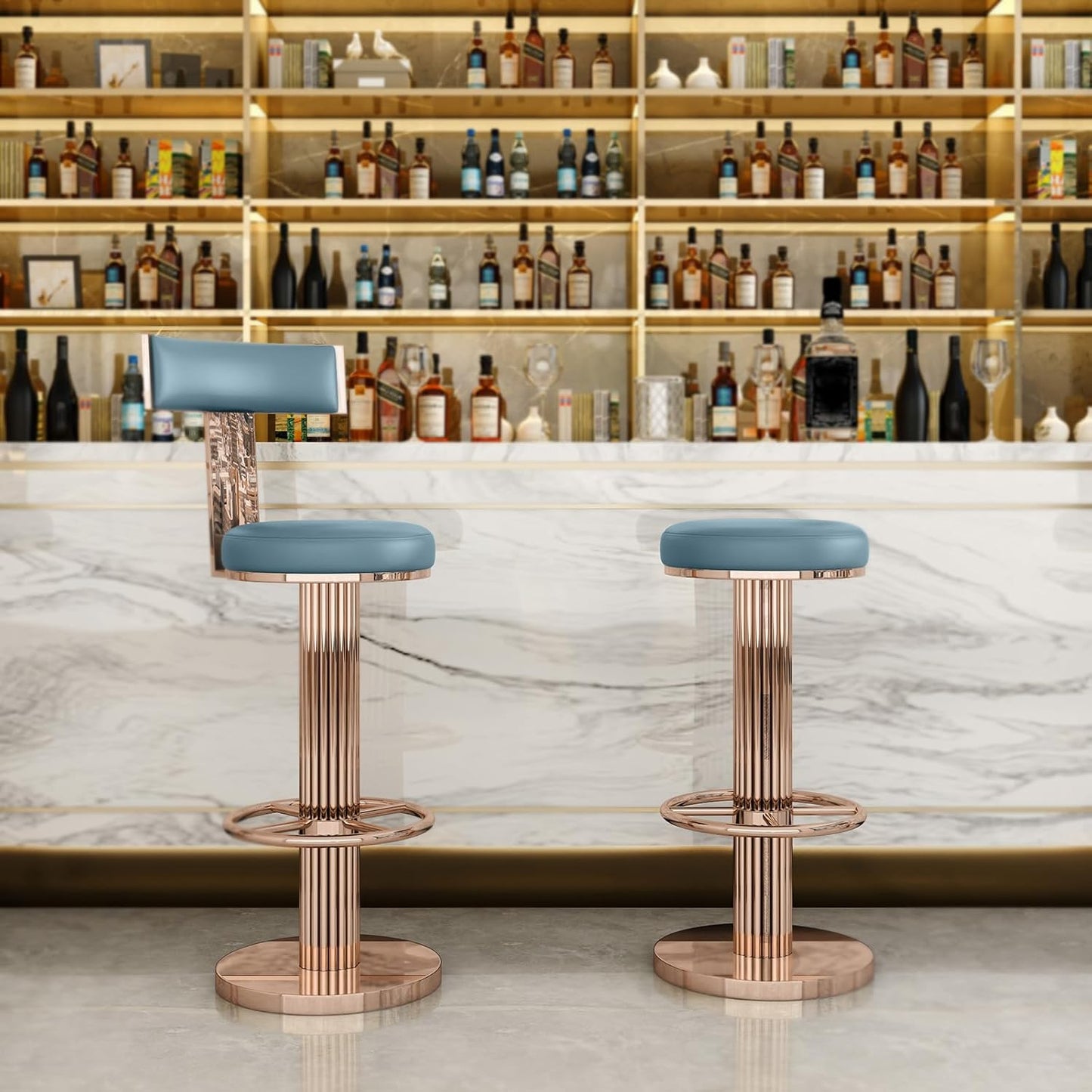 FUNROLUX Swivel Bar Stools with Backrest, Modern Adjustable Height Counter Stool with Stainless Steel Legs and Comfortable Cushion, Rose Bar Chairs for Kitchen Island Counter (Blue)