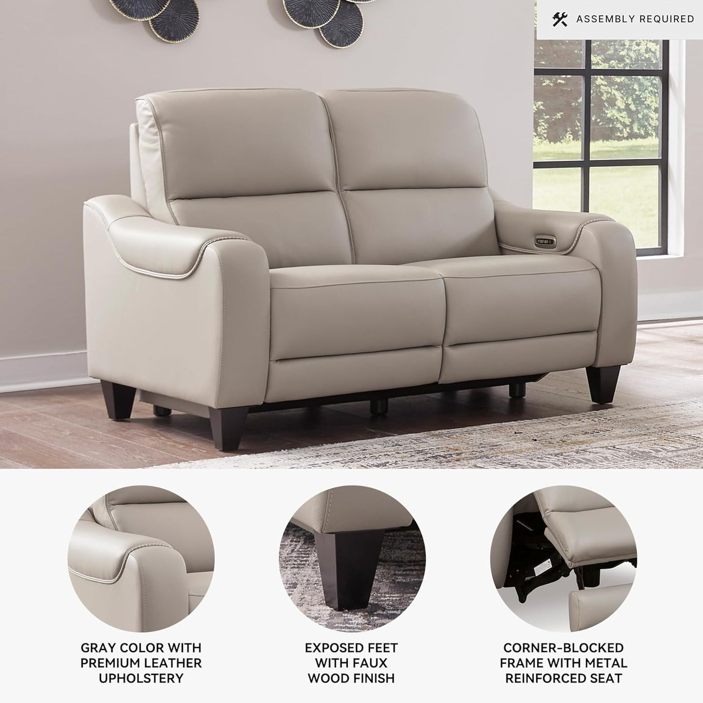 Signature Design by Ashley Mercomatic Casual Leather Match Wall Hugger Power Reclining Loveseat with Adjustable Headrest and USB Ports, Light Gray