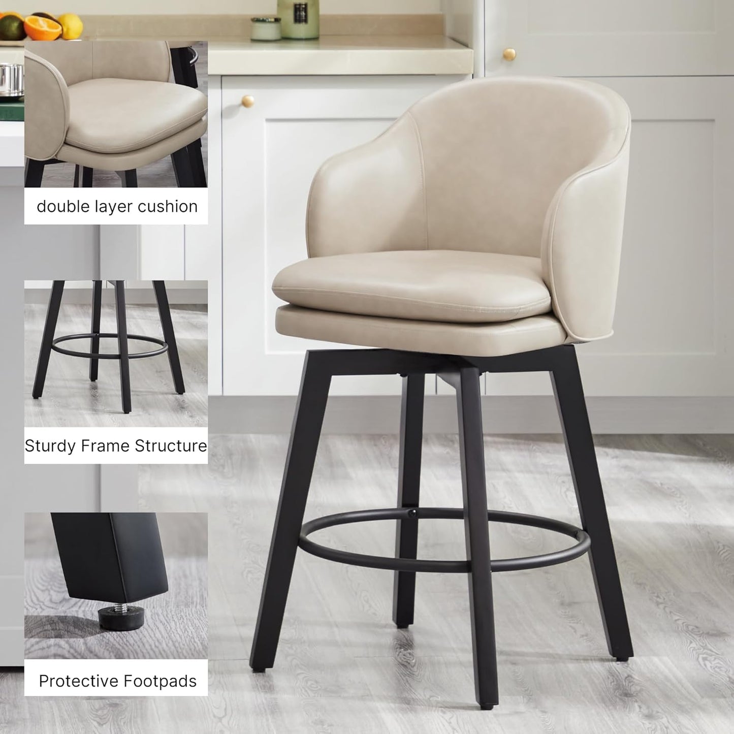 Counter Height Barstools 26 inch Upholstered Swivel Bar Stools with Back and Wood Legs for Kitchen Island,Set of 3,Beige PU Leather