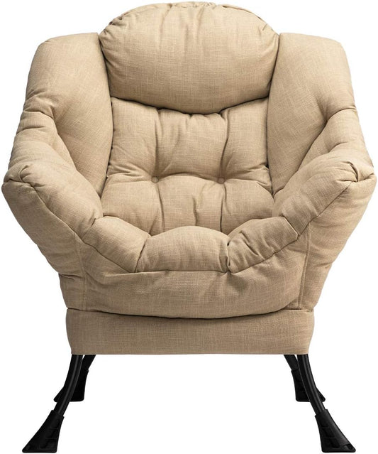 HollyHOME Modern Fabric Large Lazy Chair, Accent Oversized Comfy Reading Chair, Thick Padded Cozy Lounge Chair with Armrest, Leisure Sofa Chair for Living Room, Bedroom, Dorm, Coffee&White