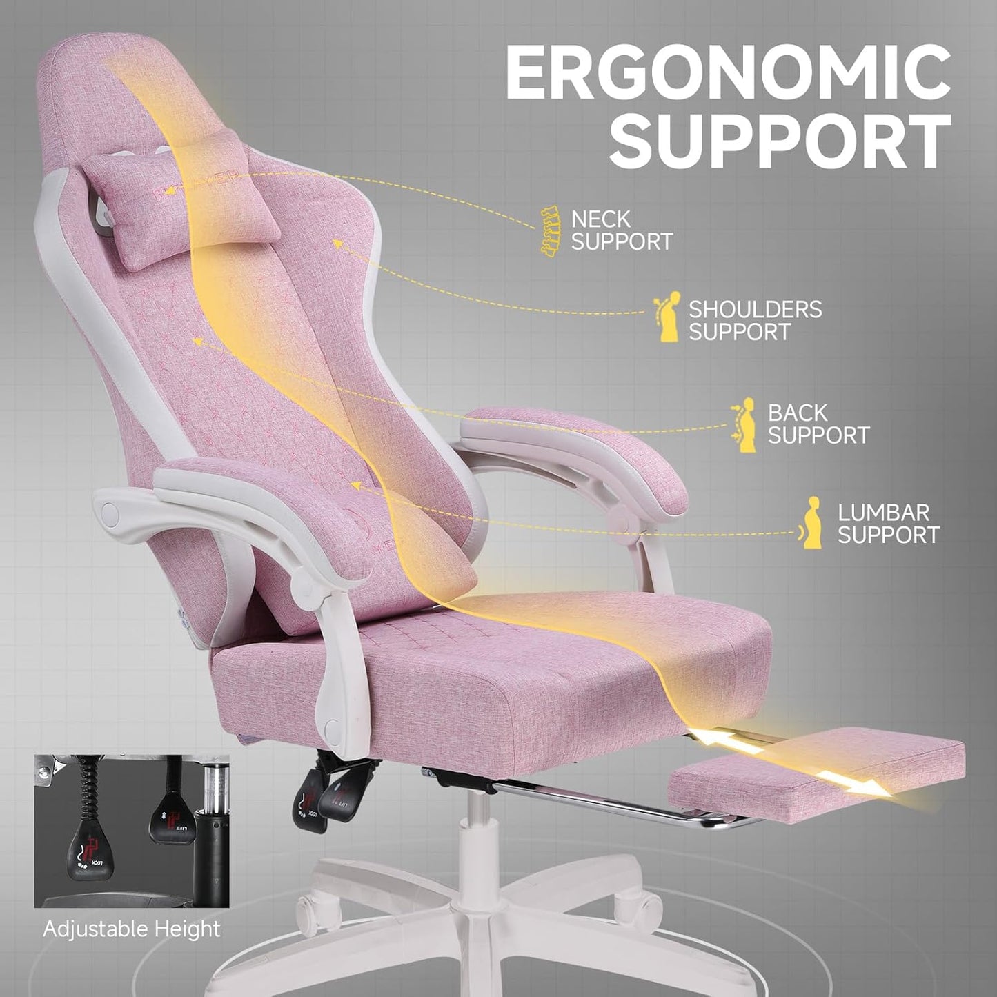 GTPLAYER Office Chair, Gaming Computer Desk Fabric Chair with Footrest, High Back Ergonomic Office Chair with Pocket Spring Lumbar Support and Linkage Armrests Adjustable Height Swivel for Home Task