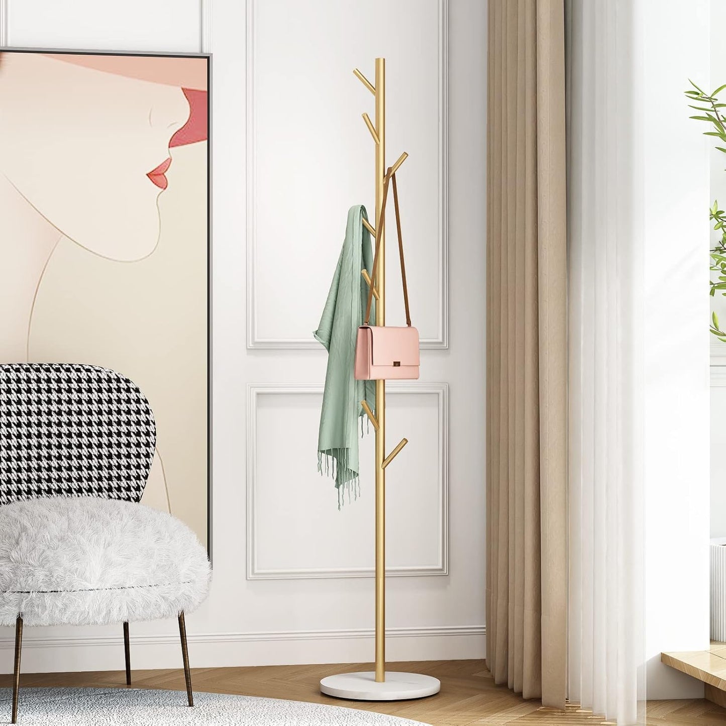 Gold Coat Racks, Metal Coat Rack Freestanding with Hooks, Entryway Coat Rack Stand, Coat Racks with Marble Base, Coat Tree for Hanging Clothes, Hats, Bags