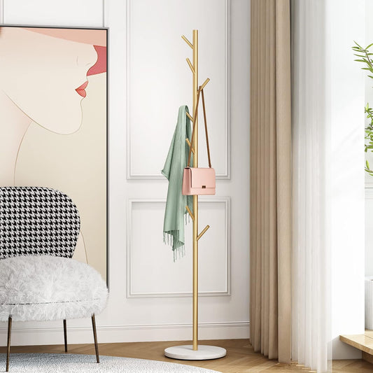 Gold Coat Racks, Metal Coat Rack Freestanding with Hooks, Entryway Coat Rack Stand, Coat Racks with Marble Base, Coat Tree for Hanging Clothes, Hats, Bags