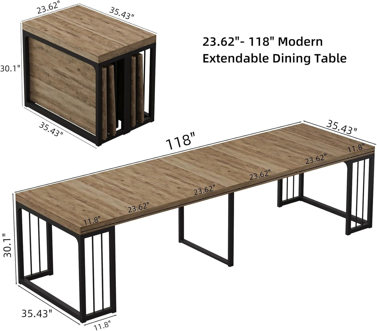 KEIKI 23.62" - 118" L Extendable Foldable Dining Room Table for 2-10 People, Wood Modern Rustic Rectangle Expandable Kitchen Living Meeting Room Furniture, 5 Tabletop Length Options