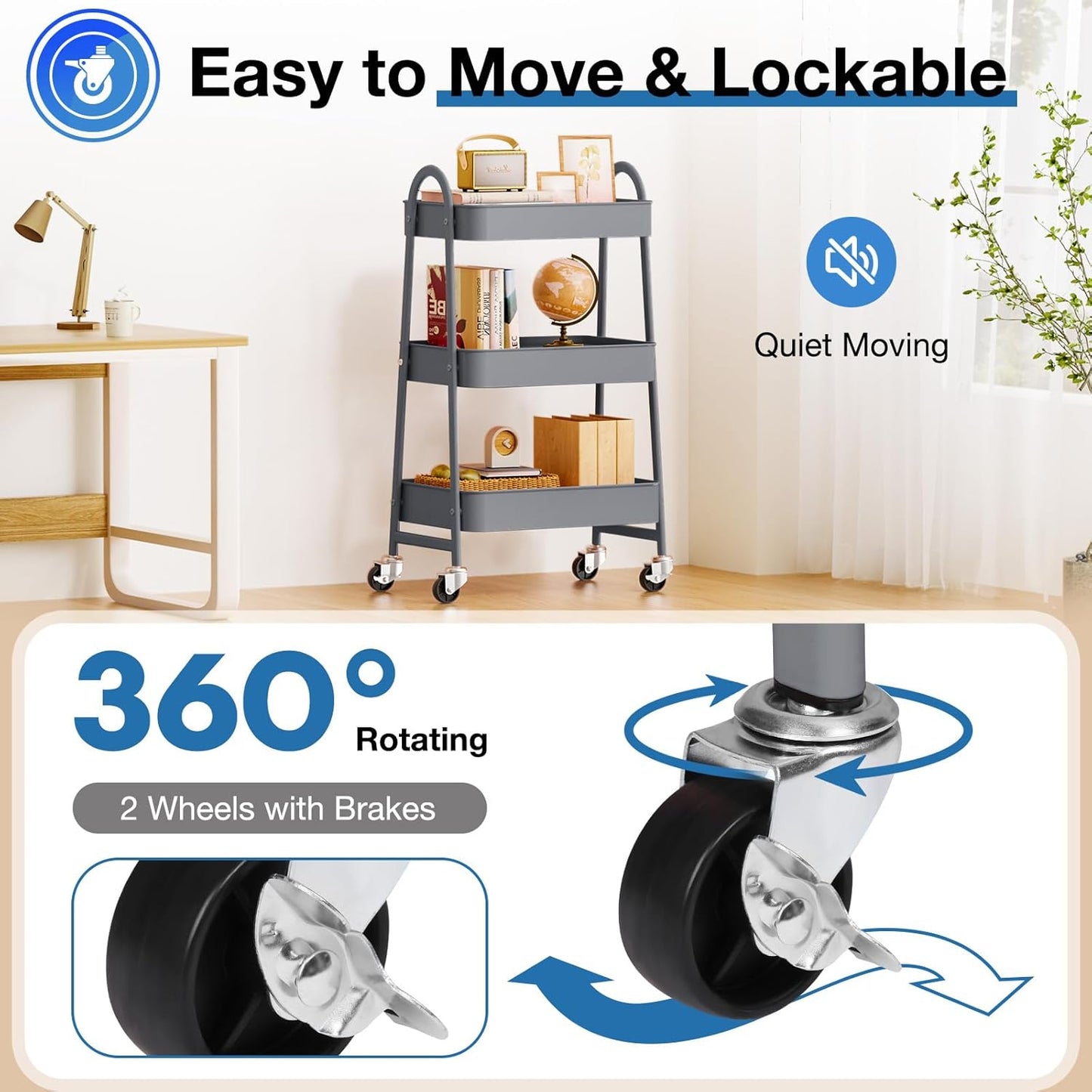 OLIXIS 3 Tier Utility Rolling Cart, Metal Mobile Storage Shelf with Lockable Caster Wheels, Organization for Livingroom, Bathroom, Kitchen, & Narrow Places, Gray