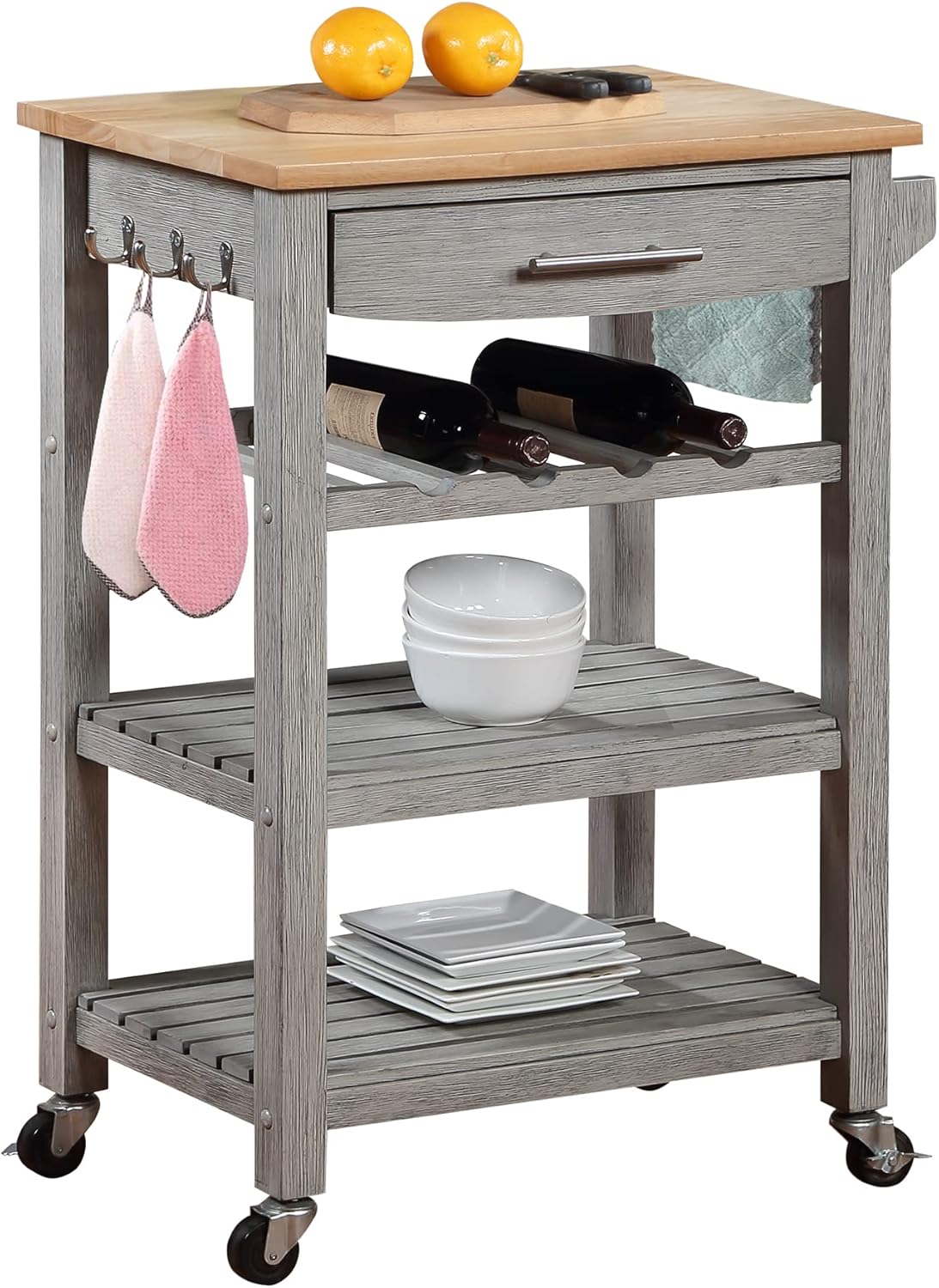 Convenience Concepts Ellaine 4 Tier Kitchen Cart with Drawer and Wine Rack, 24.75 x 16.5 x 34.5, Wirebrush Light/Butcher Block